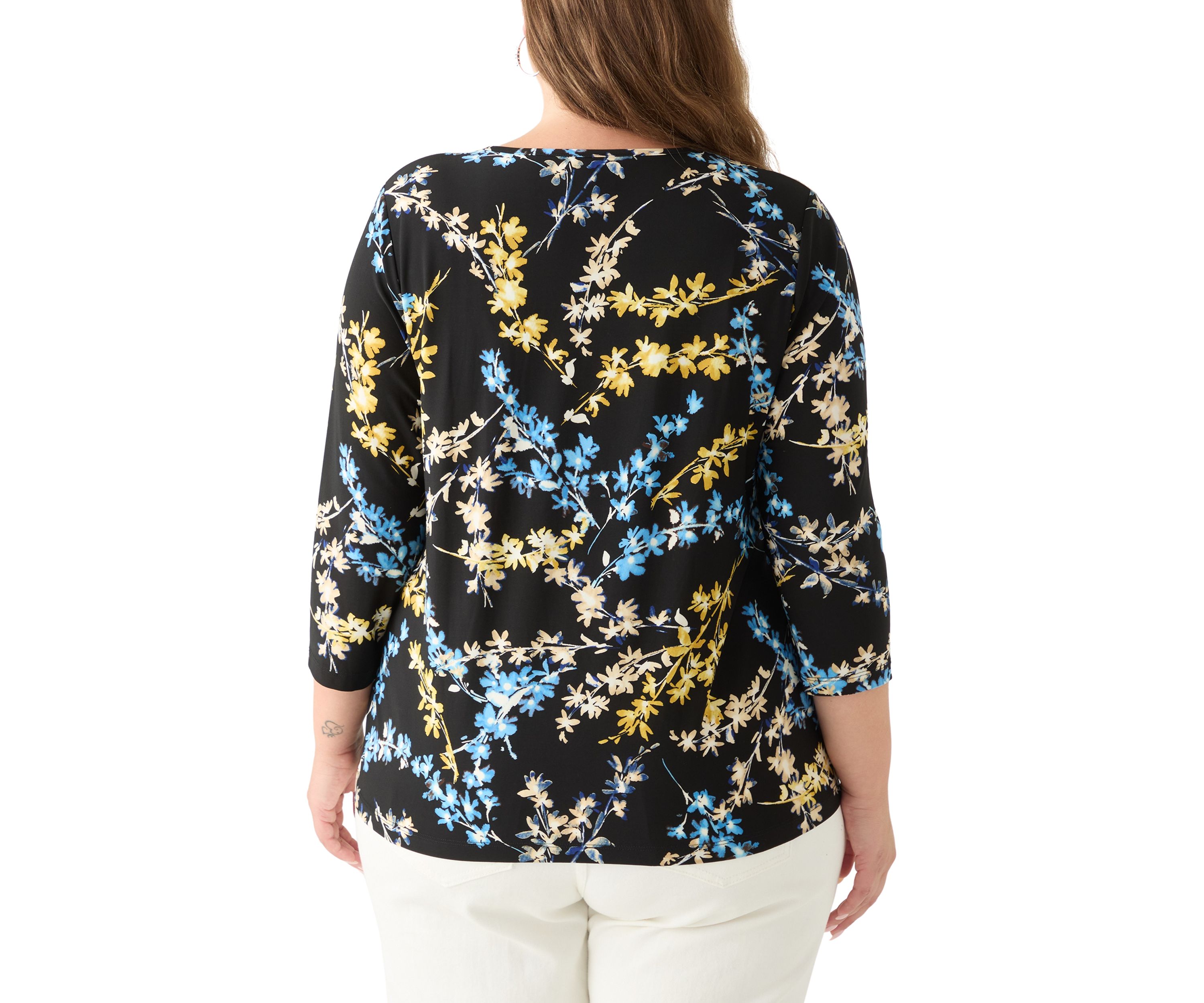 Plus Size 3/4 Sleeve Printed Keyhole Top