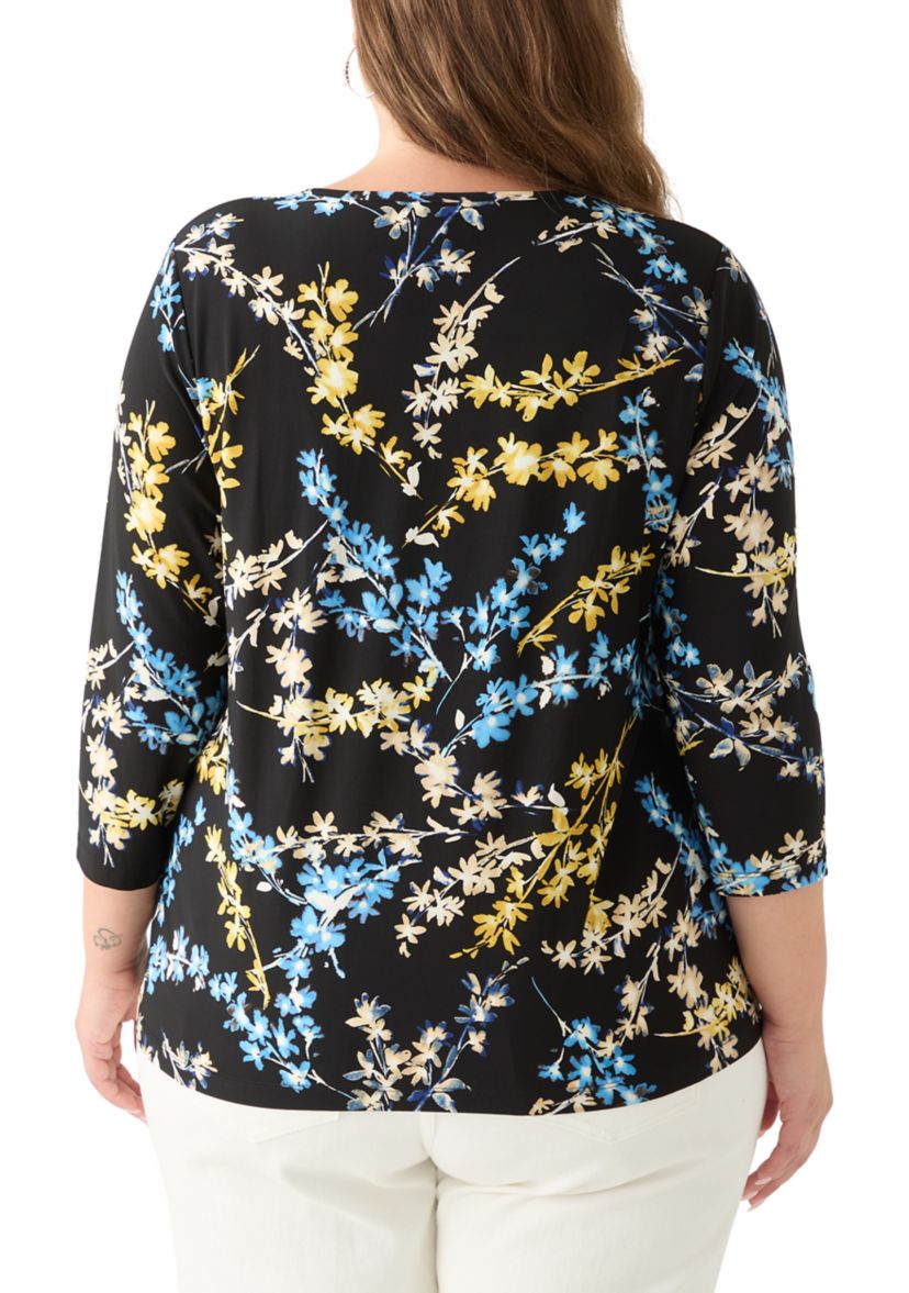 Plus Size 3/4 Sleeve Printed Keyhole Top