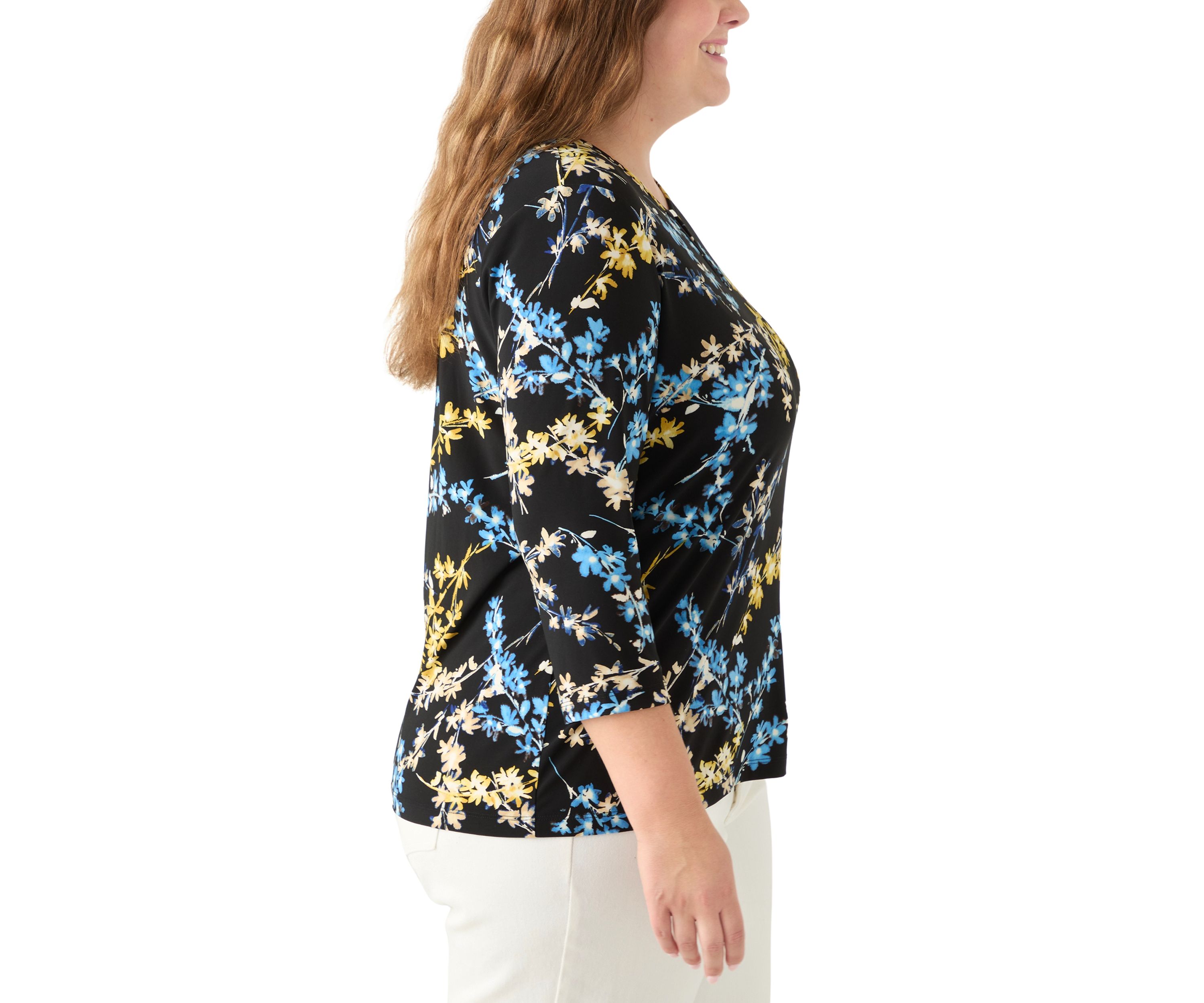 Plus Size 3/4 Sleeve Printed Keyhole Top