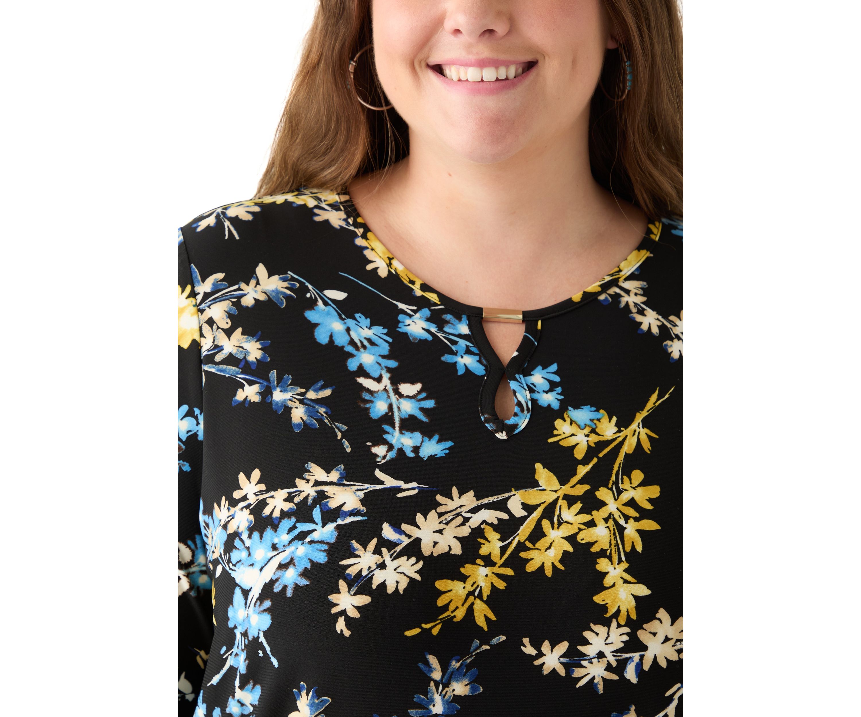 Plus Size 3/4 Sleeve Printed Keyhole Top