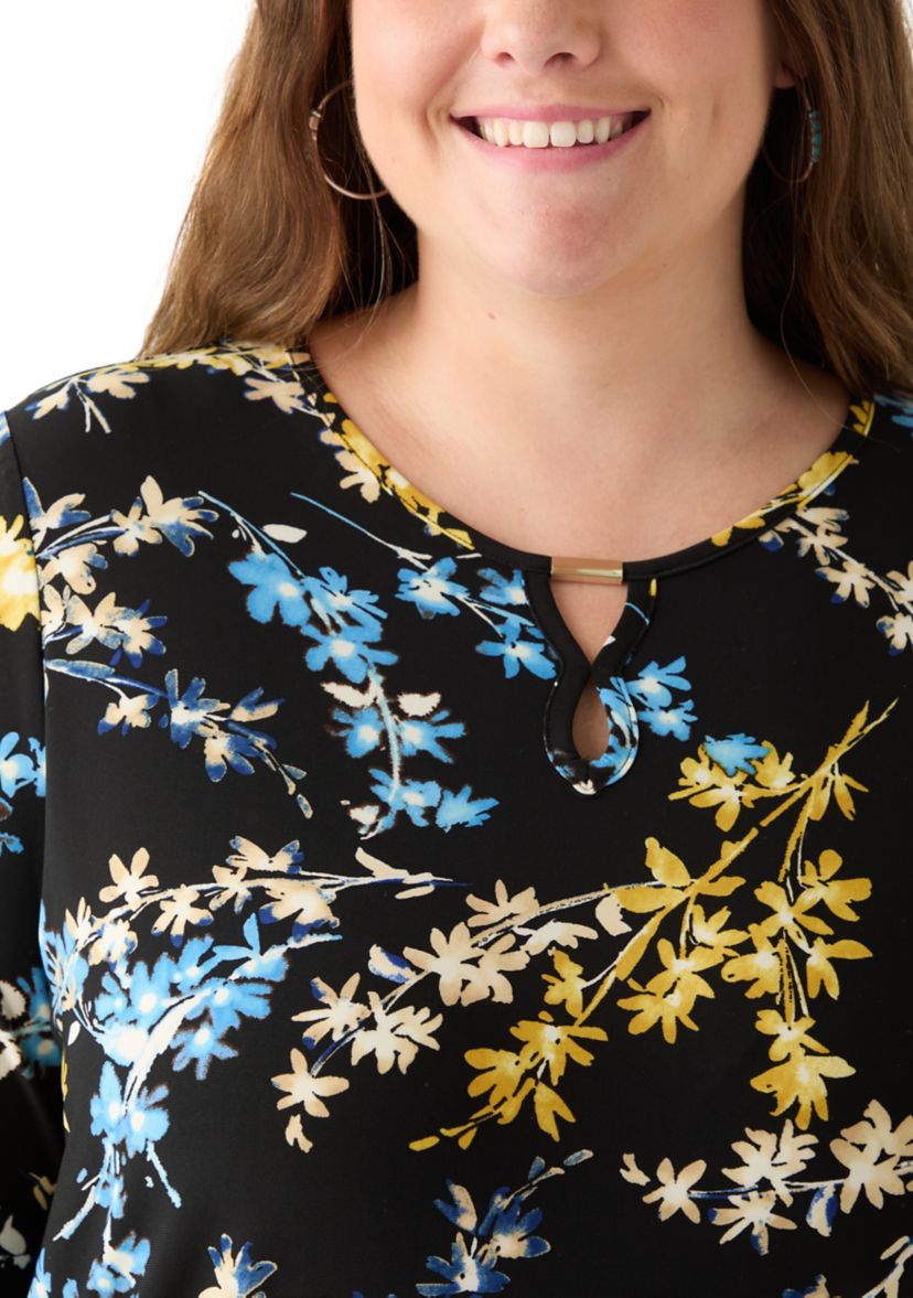 Plus Size 3/4 Sleeve Printed Keyhole Top