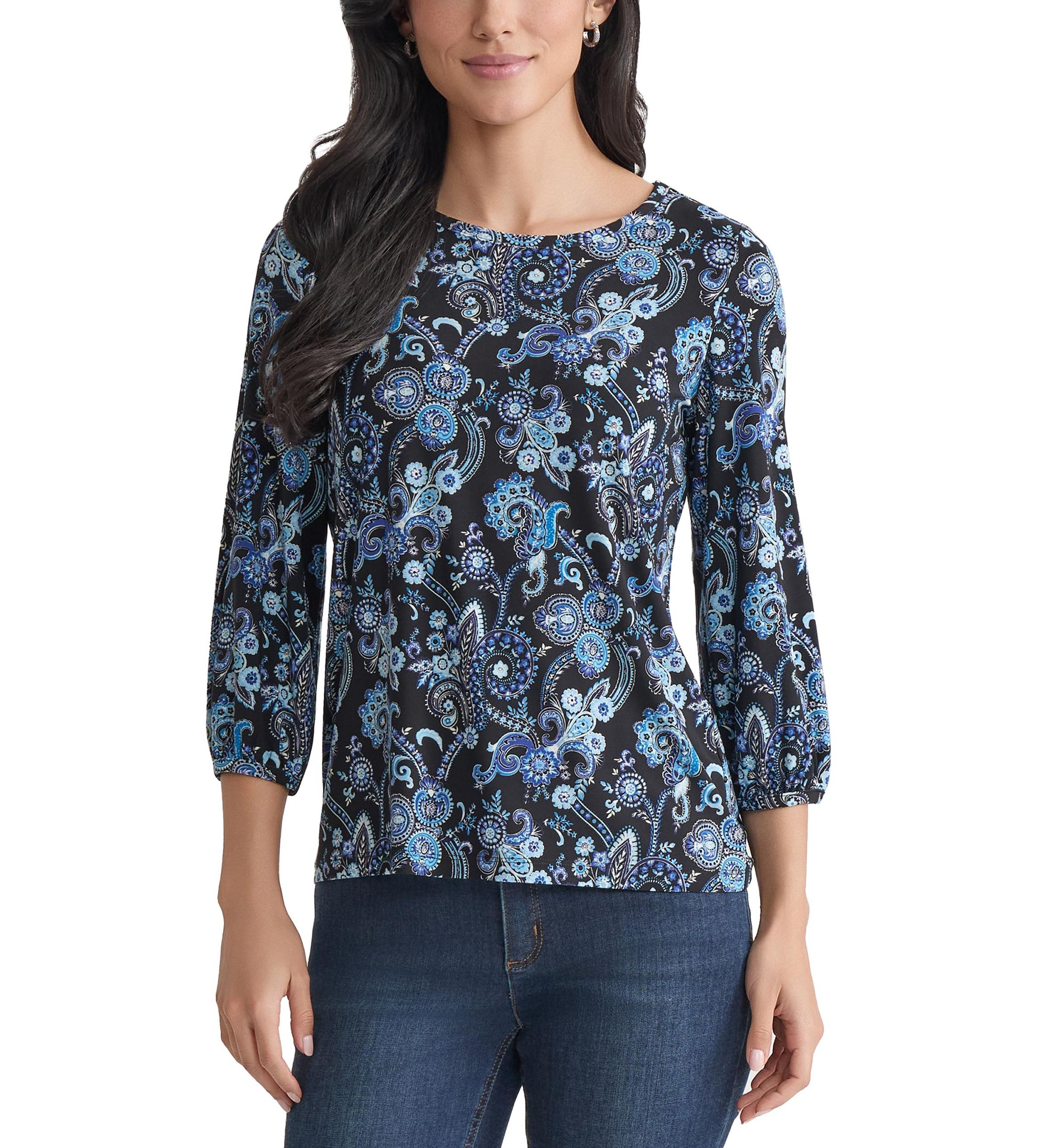 Petite Crew Neck with 3/4 Puff Cuff Basic Top - Printed 