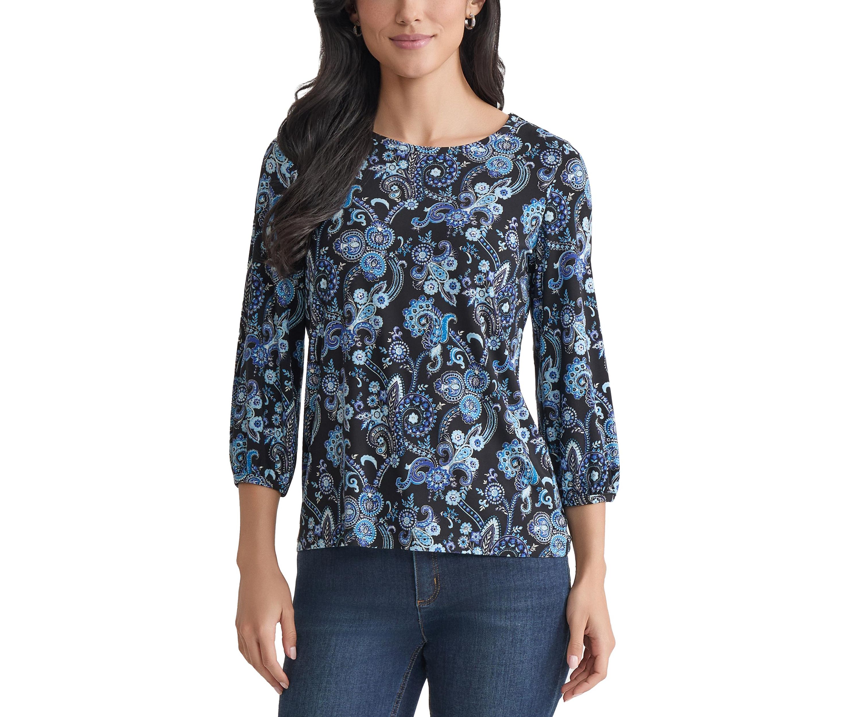 Petite Crew Neck with 3/4 Puff Cuff Basic Top - Printed 
