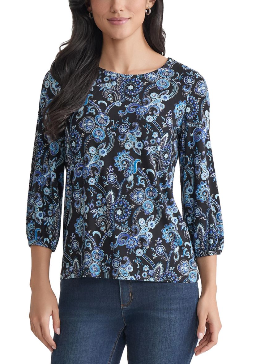 Petite Crew Neck with 3/4 Puff Cuff Basic Top - Printed 