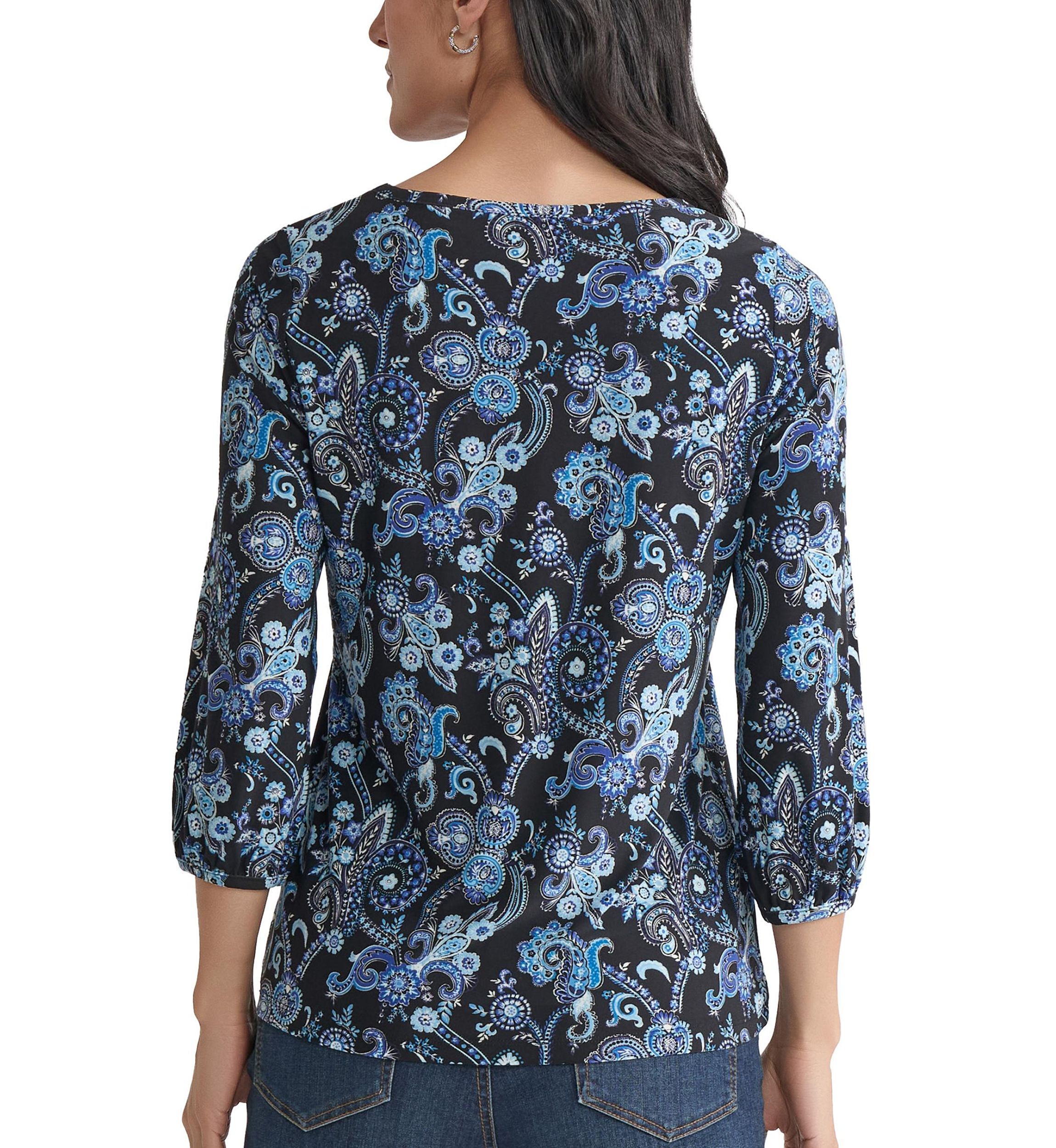 Petite Crew Neck with 3/4 Puff Cuff Basic Top - Printed 