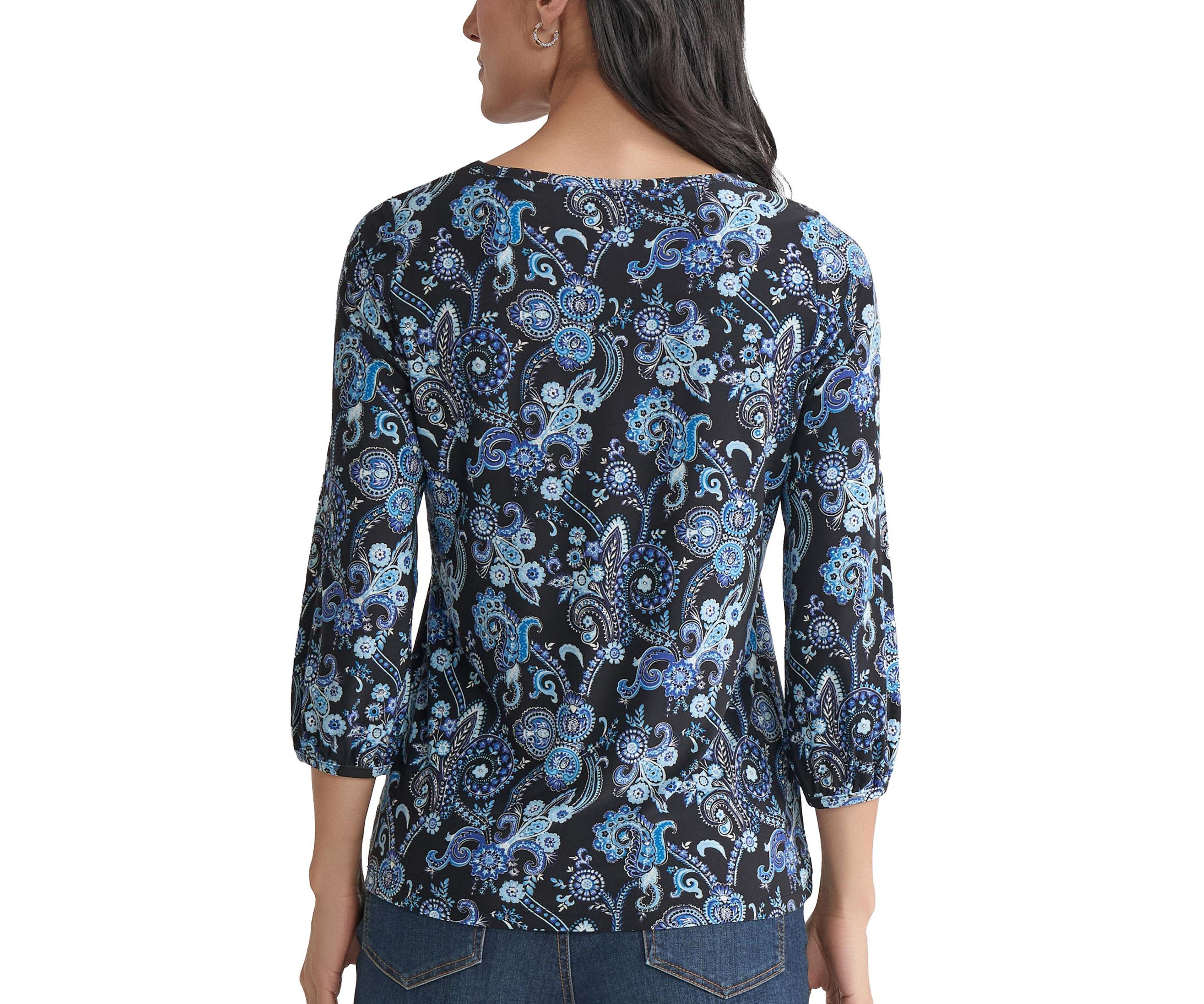 Petite Crew Neck with 3/4 Puff Cuff Basic Top - Printed 