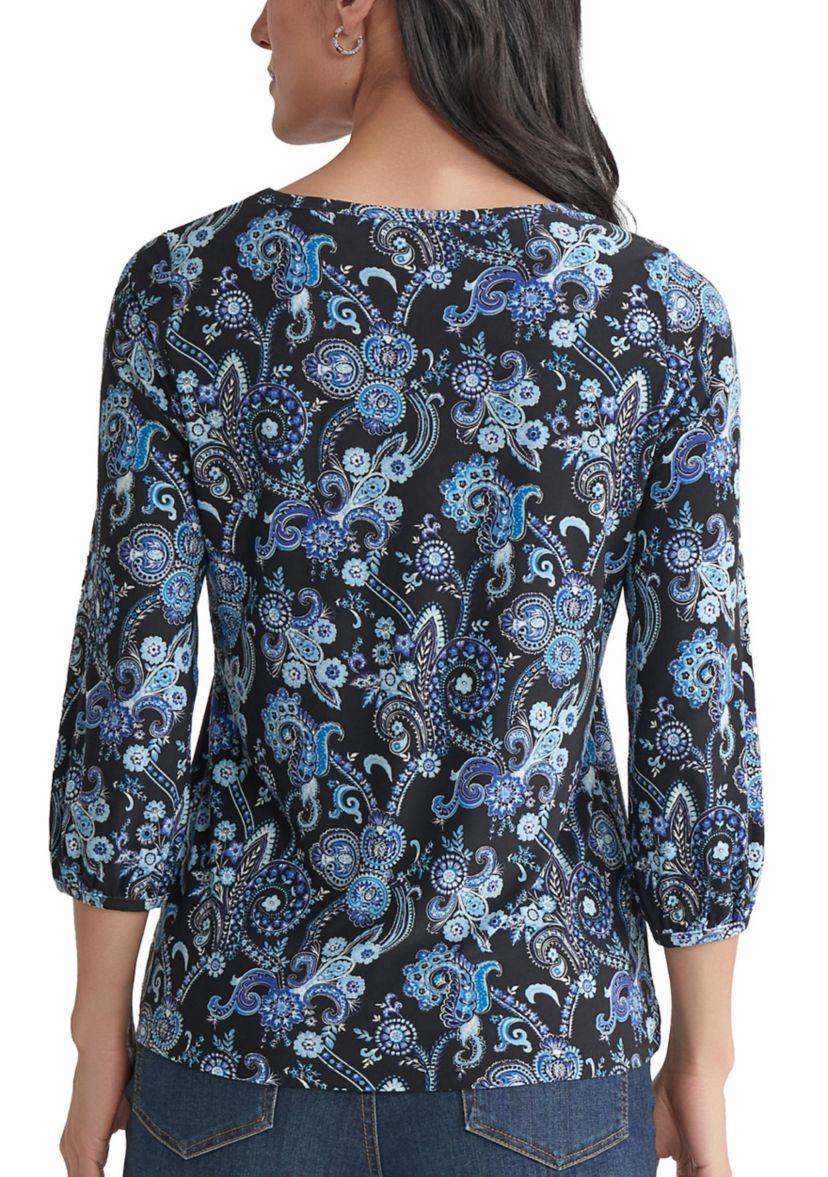 Petite Crew Neck with 3/4 Puff Cuff Basic Top - Printed 
