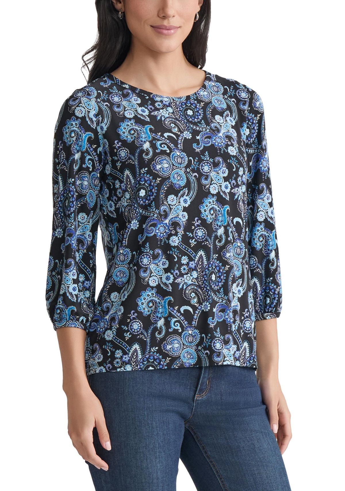 Petite Crew Neck with 3/4 Puff Cuff Basic Top - Printed 