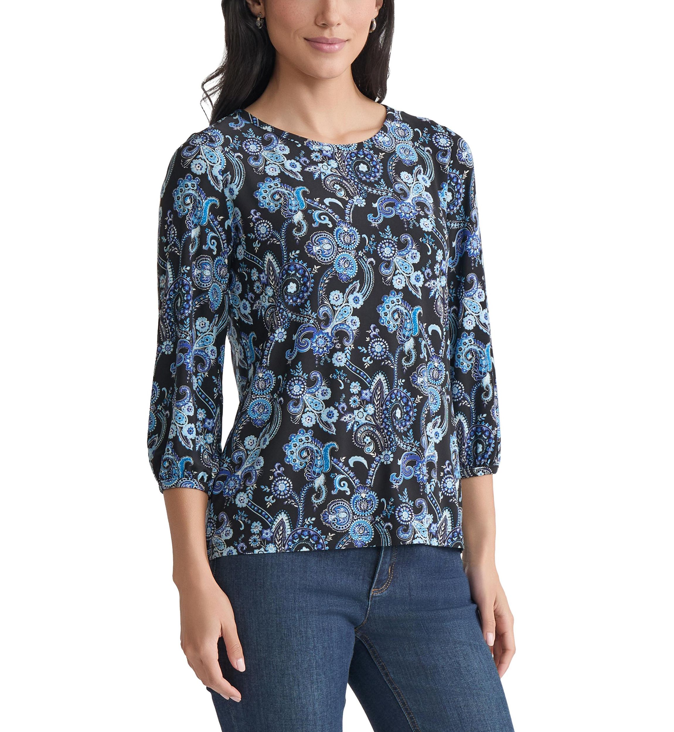 Petite Crew Neck with 3/4 Puff Cuff Basic Top - Printed 