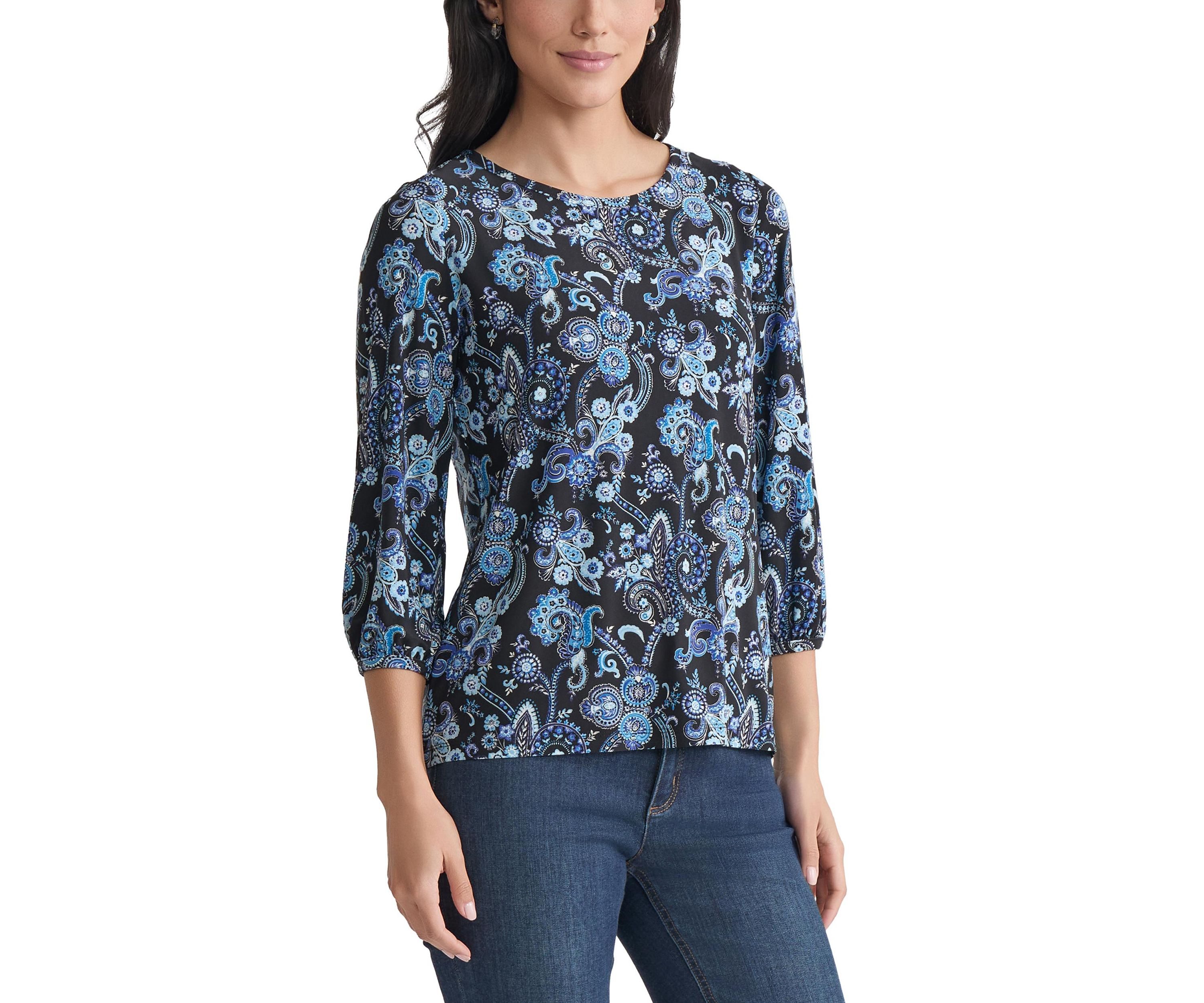 Petite Crew Neck with 3/4 Puff Cuff Basic Top - Printed 