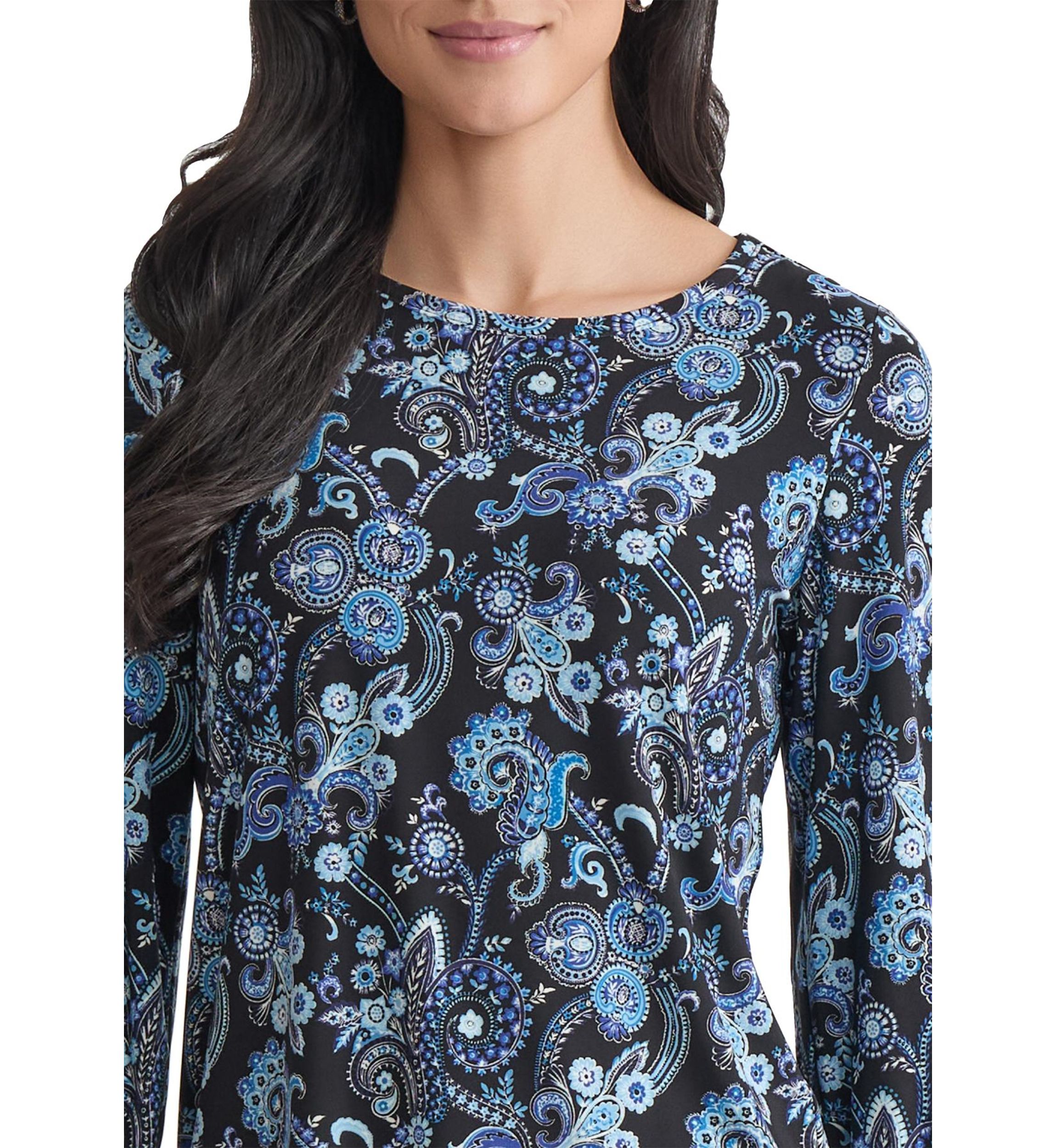 Petite Crew Neck with 3/4 Puff Cuff Basic Top - Printed 