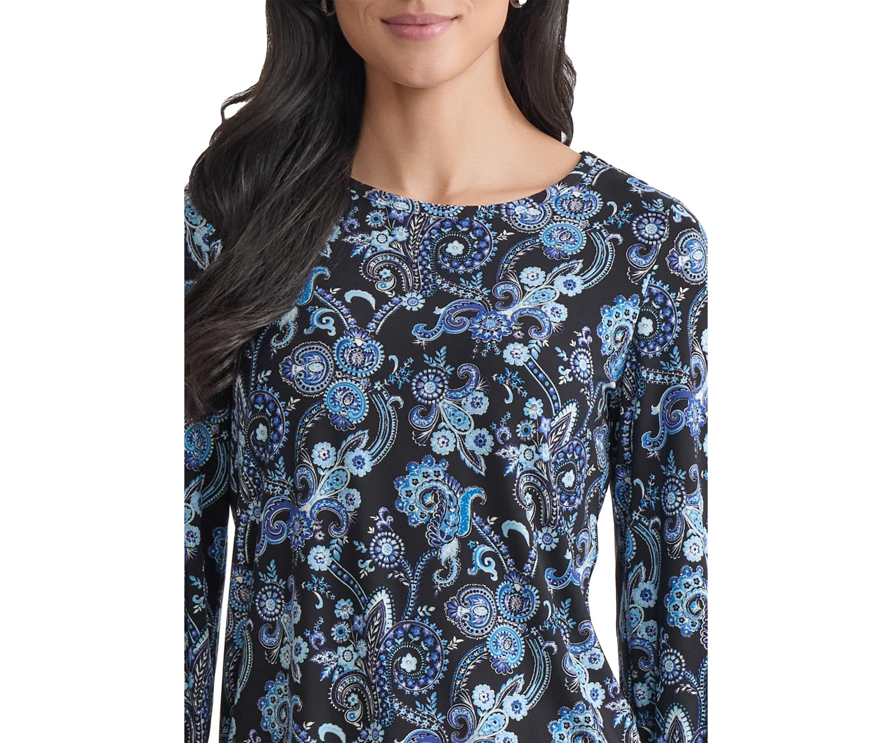 Petite Crew Neck with 3/4 Puff Cuff Basic Top - Printed 