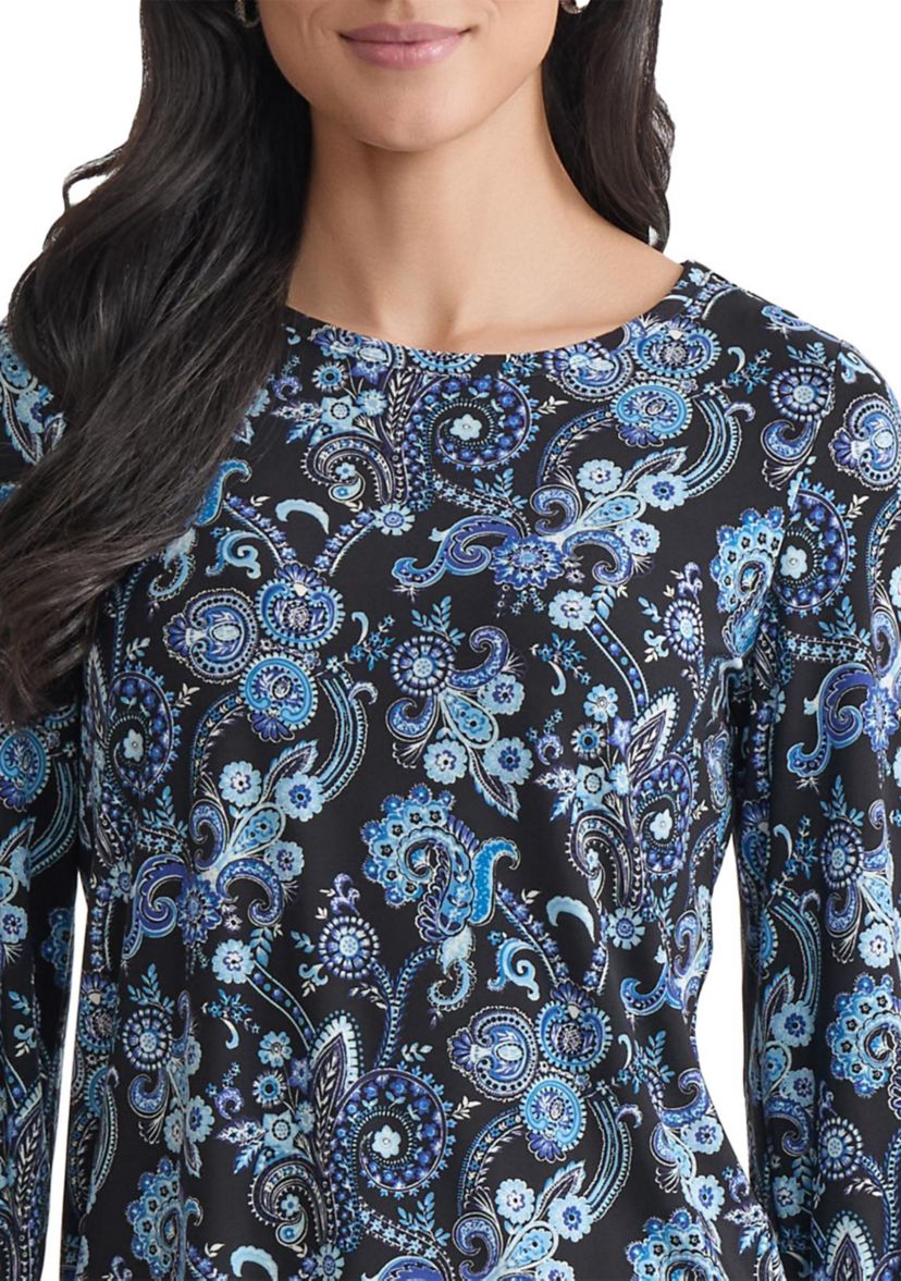 Petite Crew Neck with 3/4 Puff Cuff Basic Top - Printed 