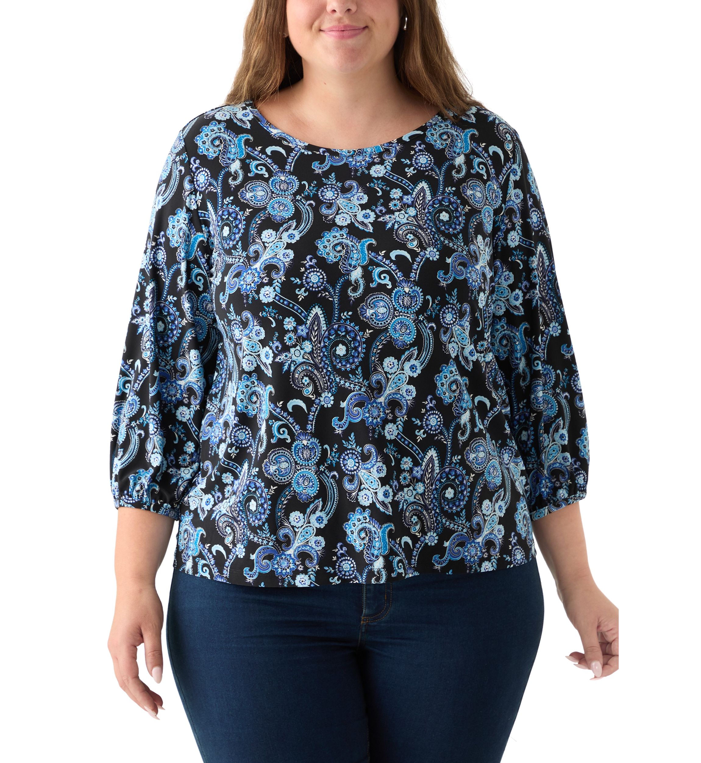 Plus Size Crew Neck 3/4 Sleeve Printed Top