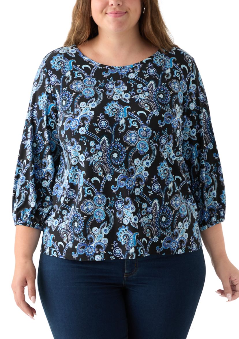 Plus Size Crew Neck 3/4 Sleeve Printed Top