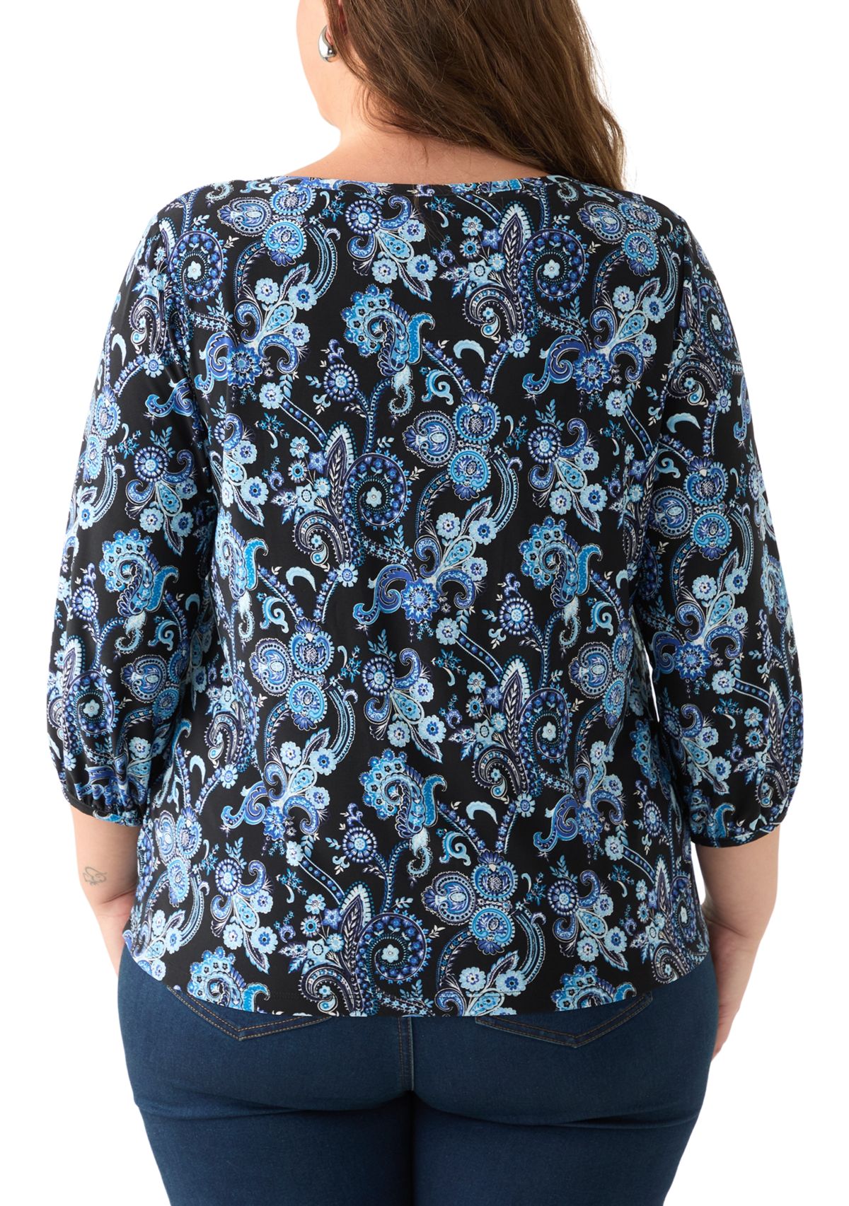Plus Size Crew Neck 3/4 Sleeve Printed Top