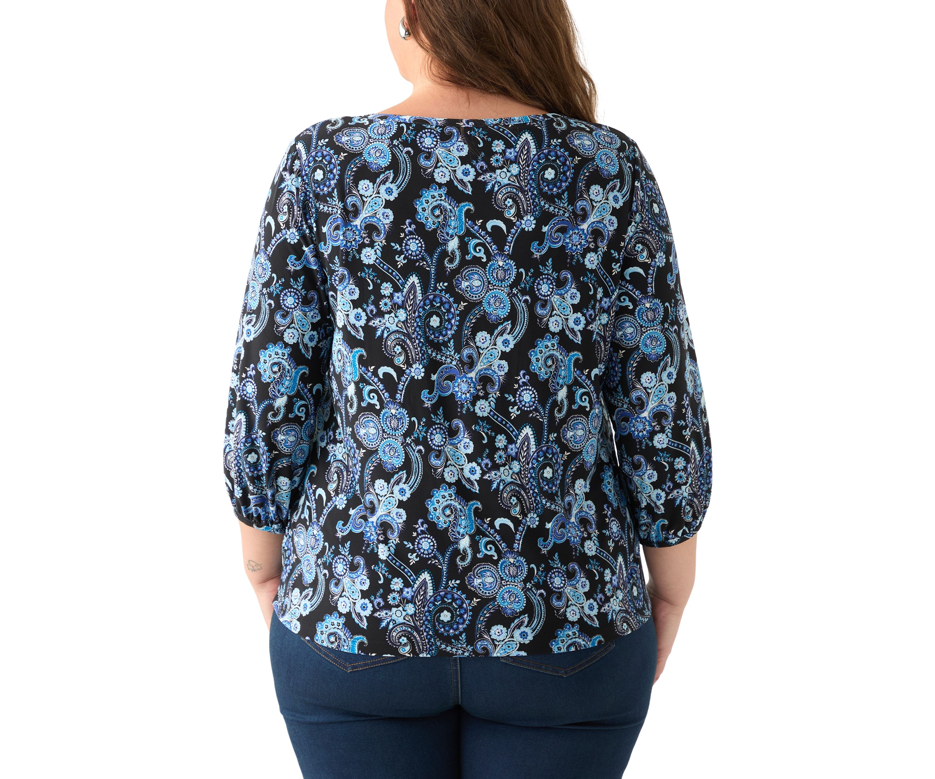 Plus Size Crew Neck 3/4 Sleeve Printed Top
