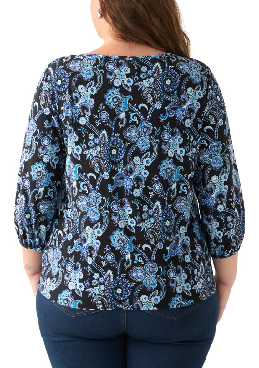 Plus Size Crew Neck 3/4 Sleeve Printed Top