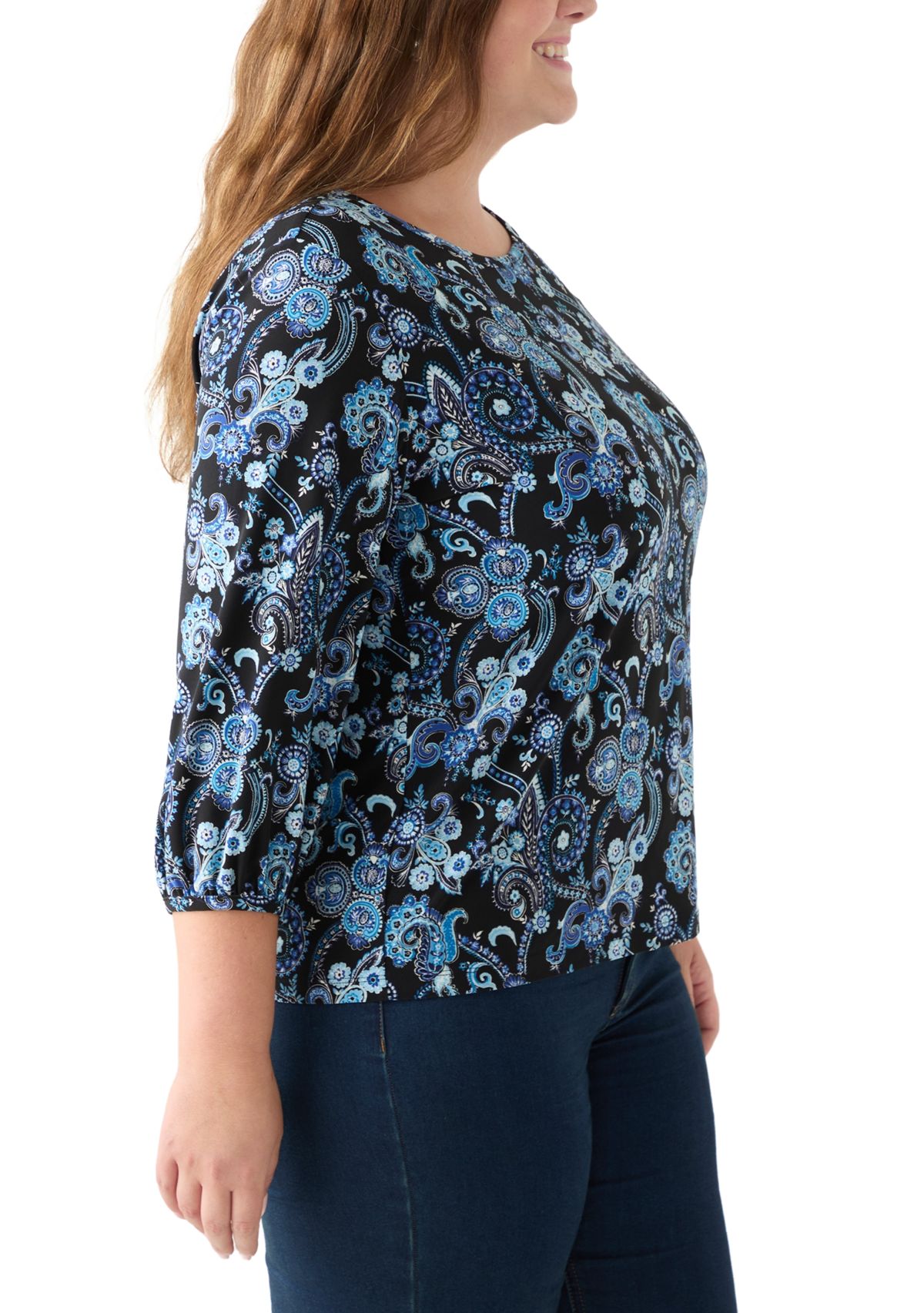 Plus Size Crew Neck 3/4 Sleeve Printed Top