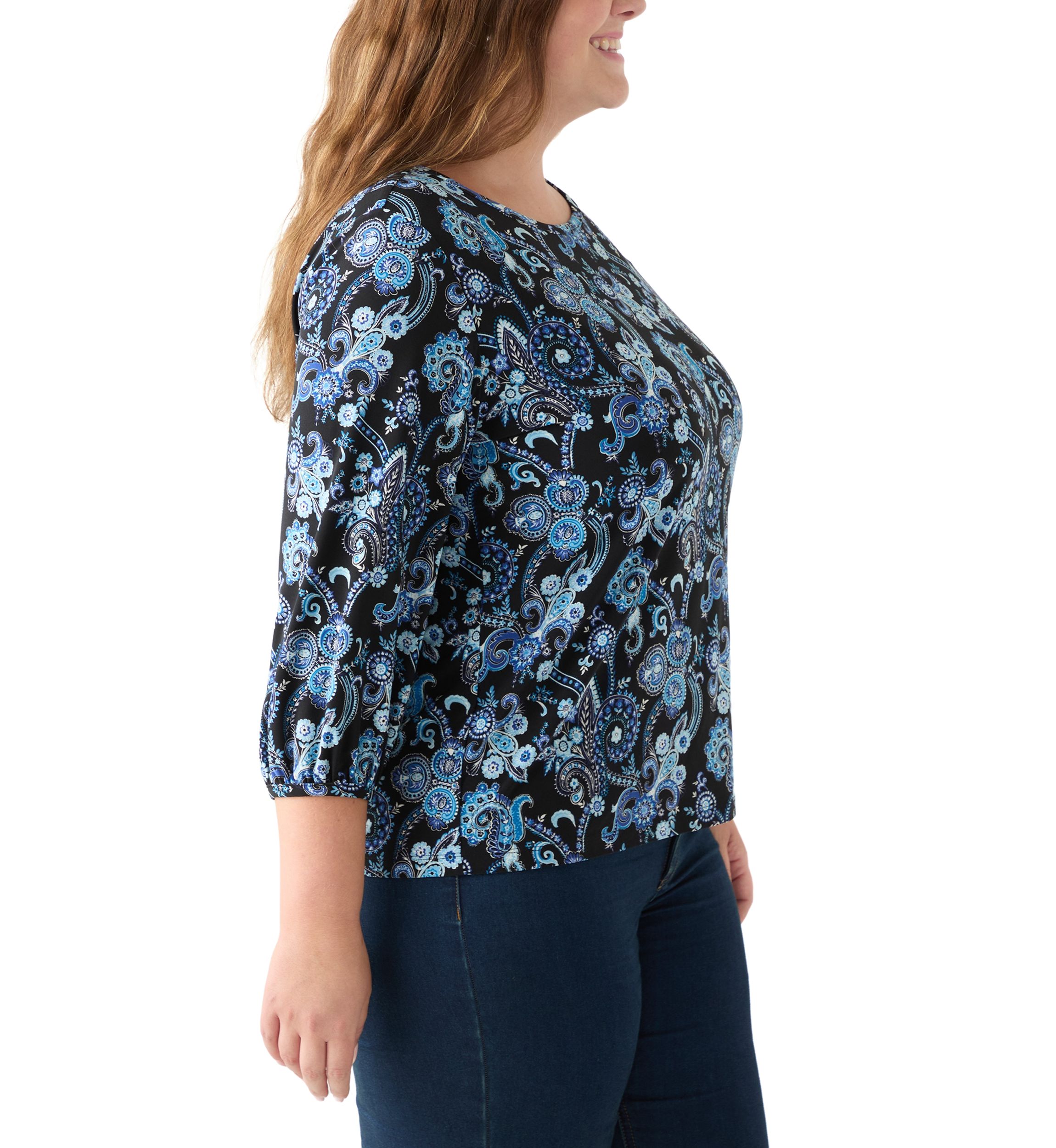 Plus Size Crew Neck 3/4 Sleeve Printed Top