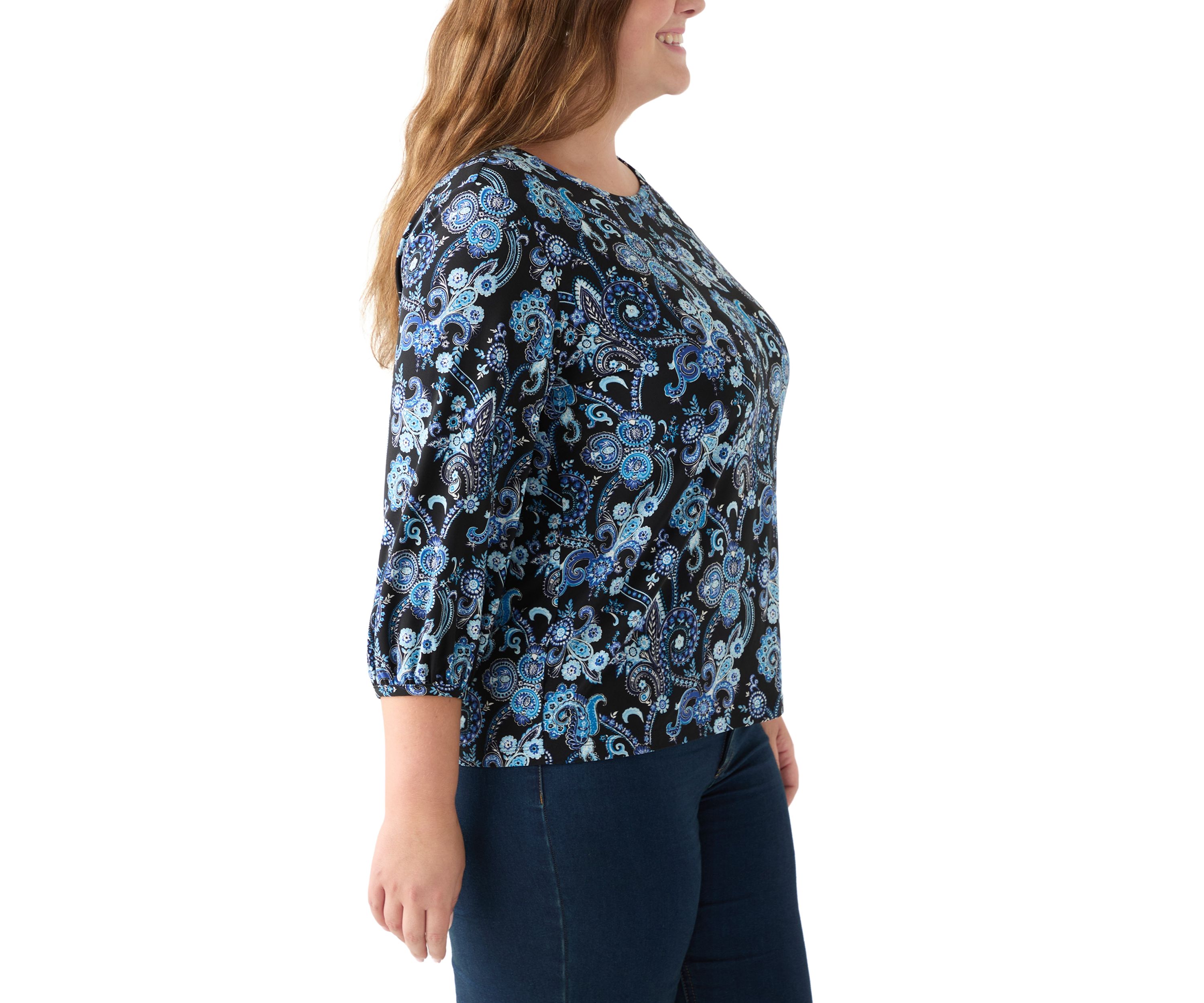 Plus Size Crew Neck 3/4 Sleeve Printed Top