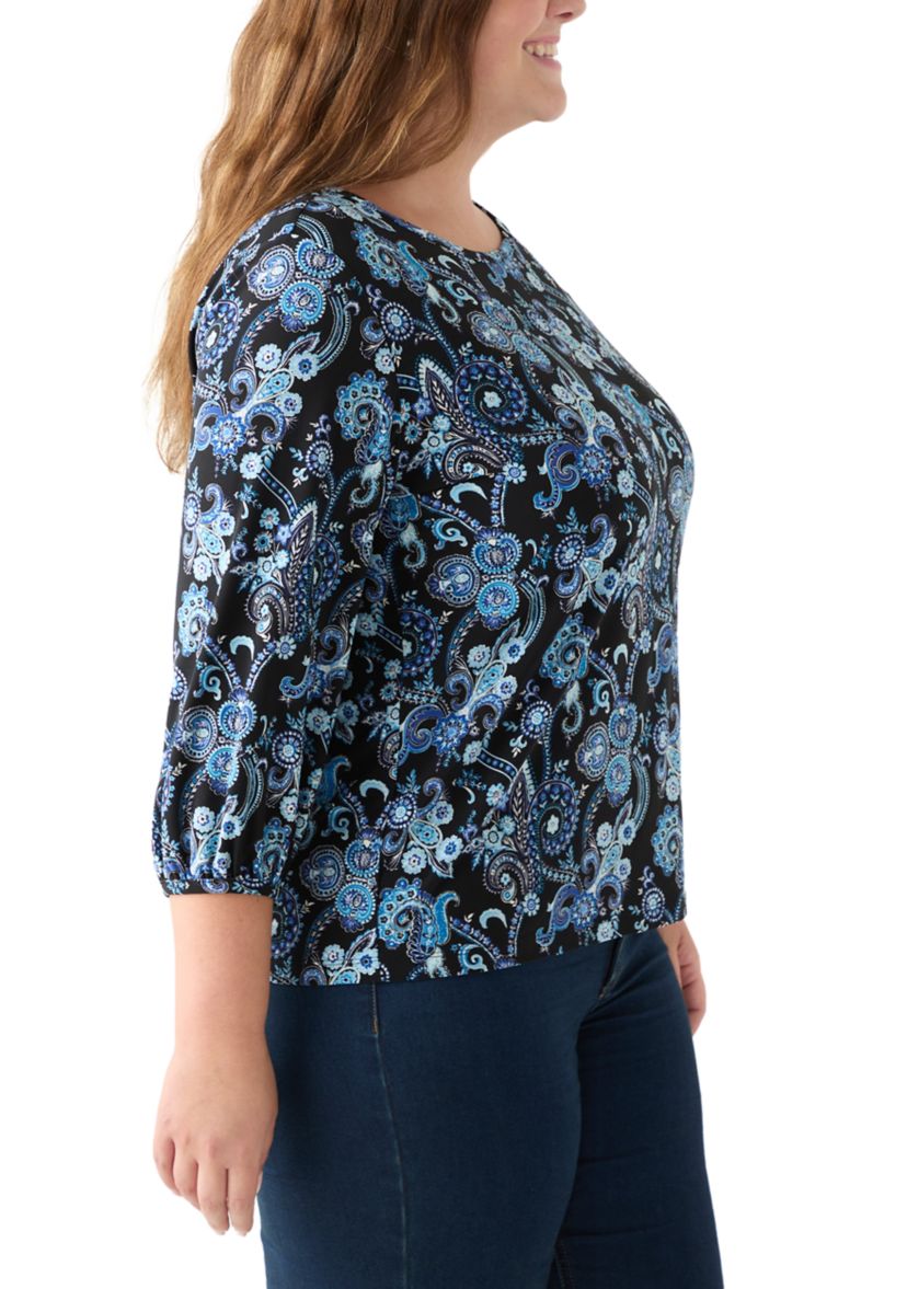 Plus Size Crew Neck 3/4 Sleeve Printed Top