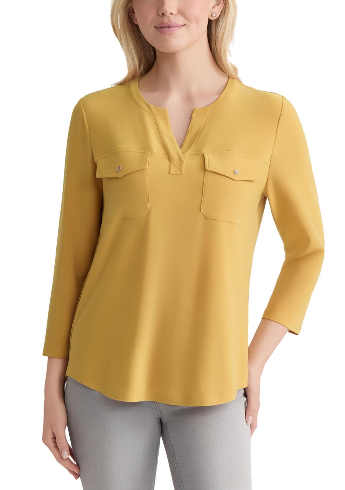 Petite Seeveless V-Neck Pleat Front Shell - Printed 