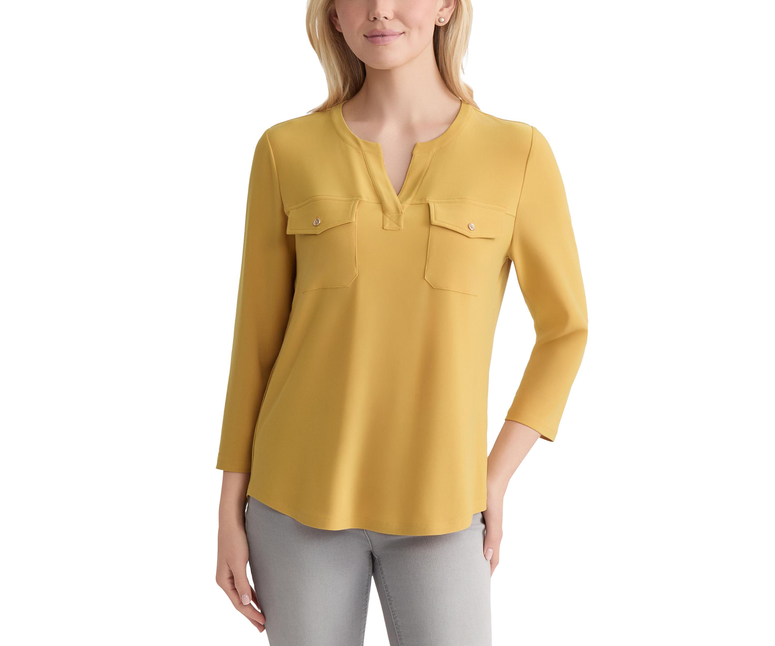 Petite Seeveless V-Neck Pleat Front Shell - Printed 