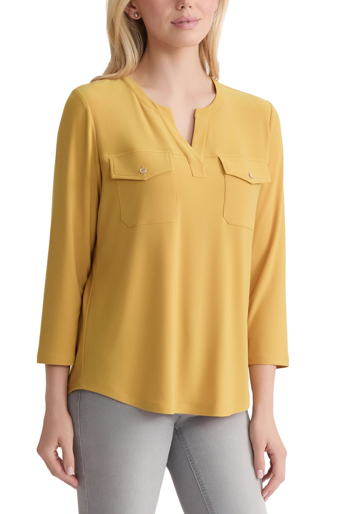 Petite Seeveless V-Neck Pleat Front Shell - Printed 