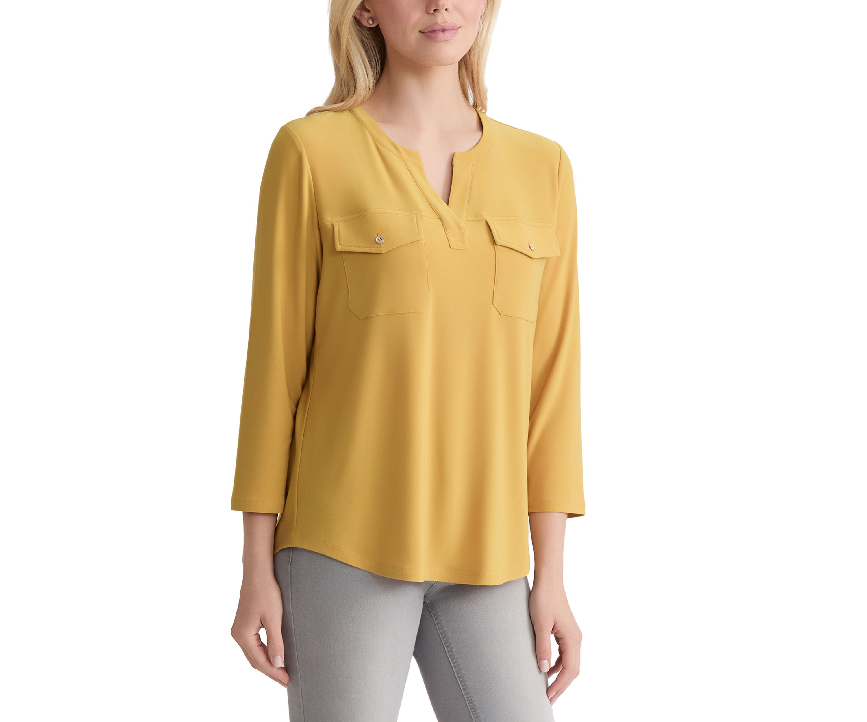 Petite Seeveless V-Neck Pleat Front Shell - Printed 