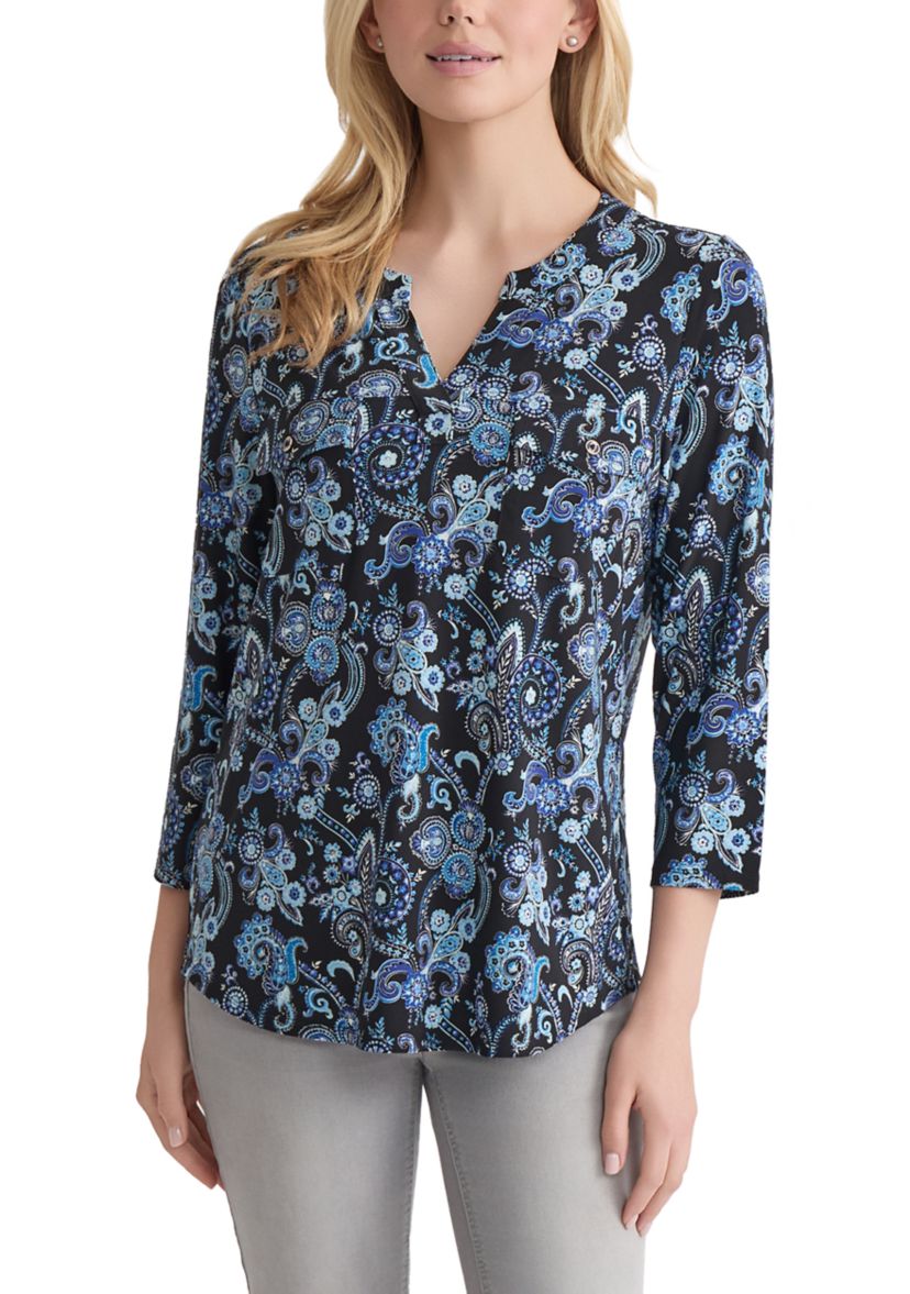 Petite 3/4 Sleeve Split Neck Top