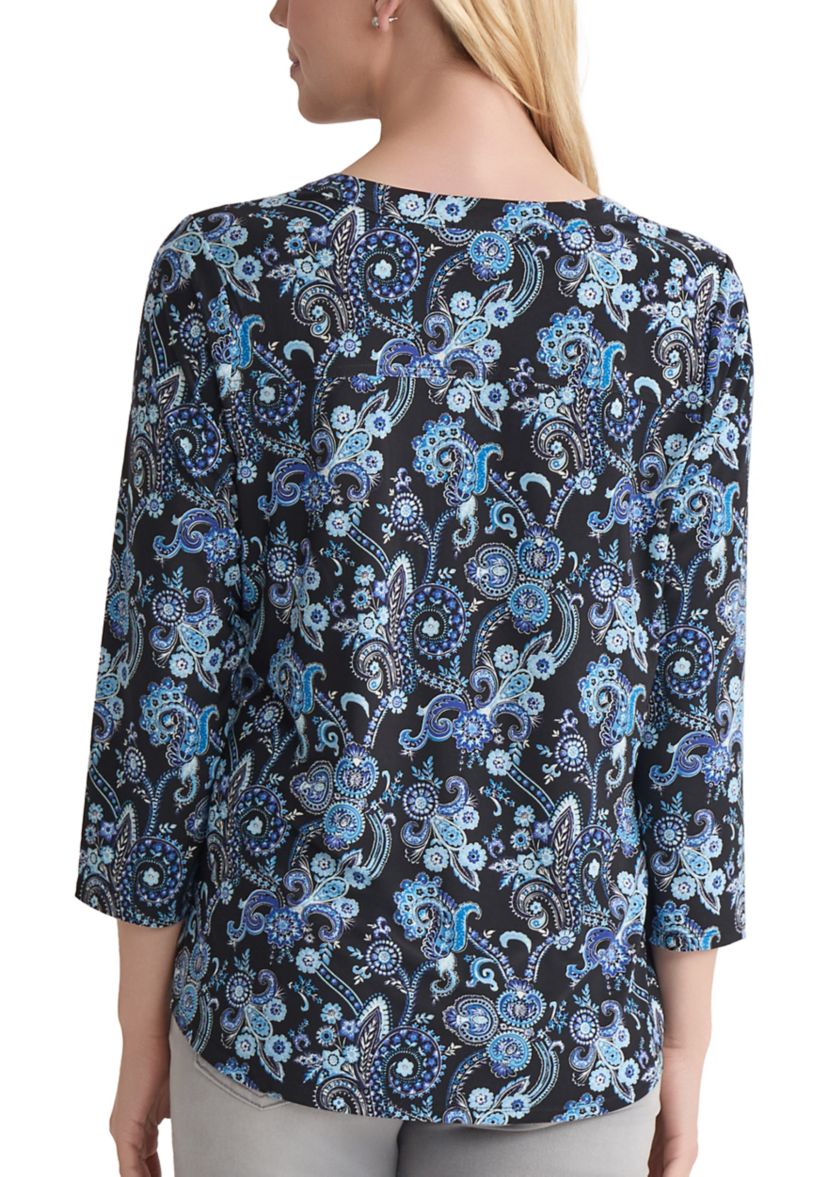 Petite 3/4 Sleeve Split Neck Top