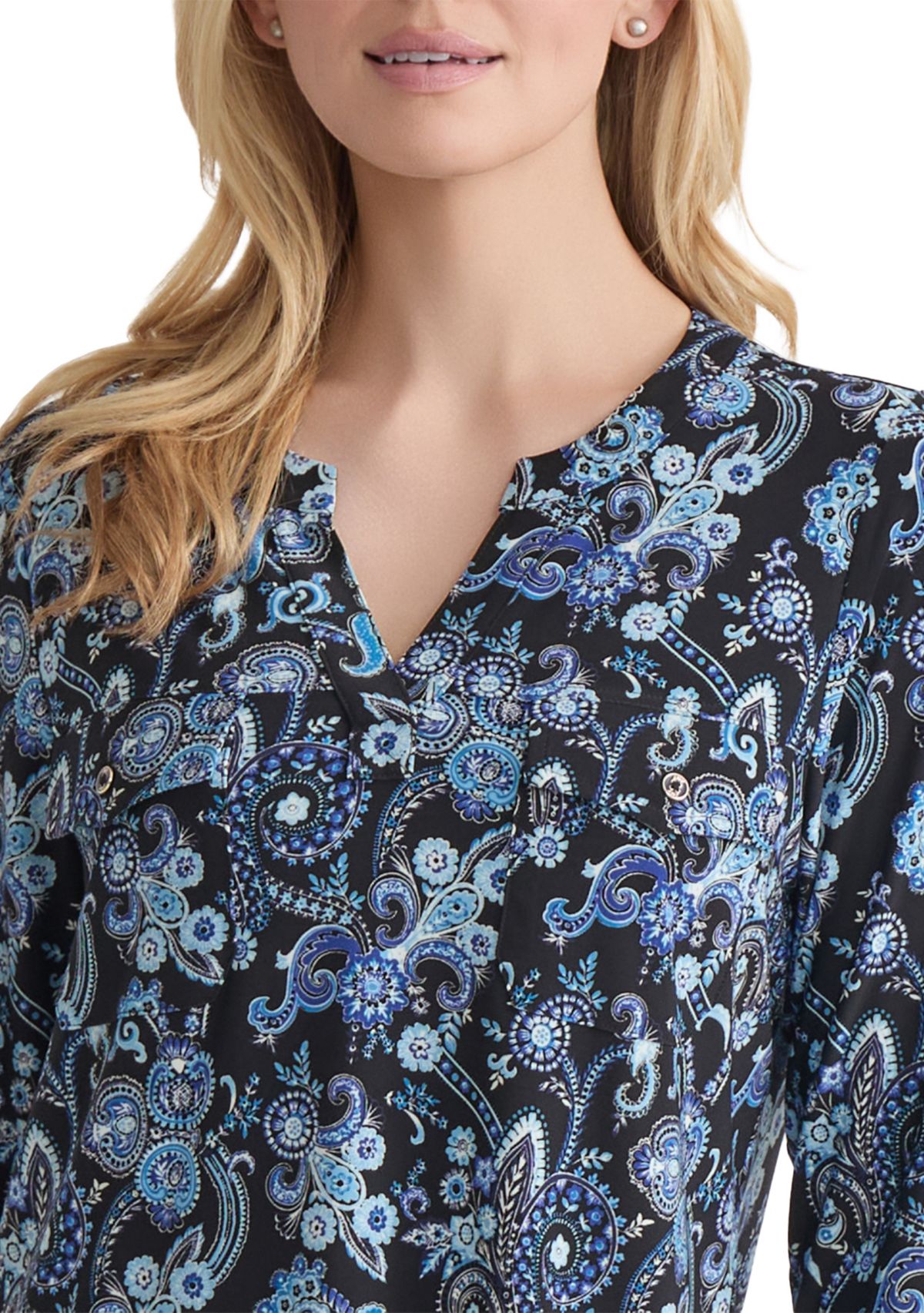 Petite 3/4 Sleeve Split Neck Top