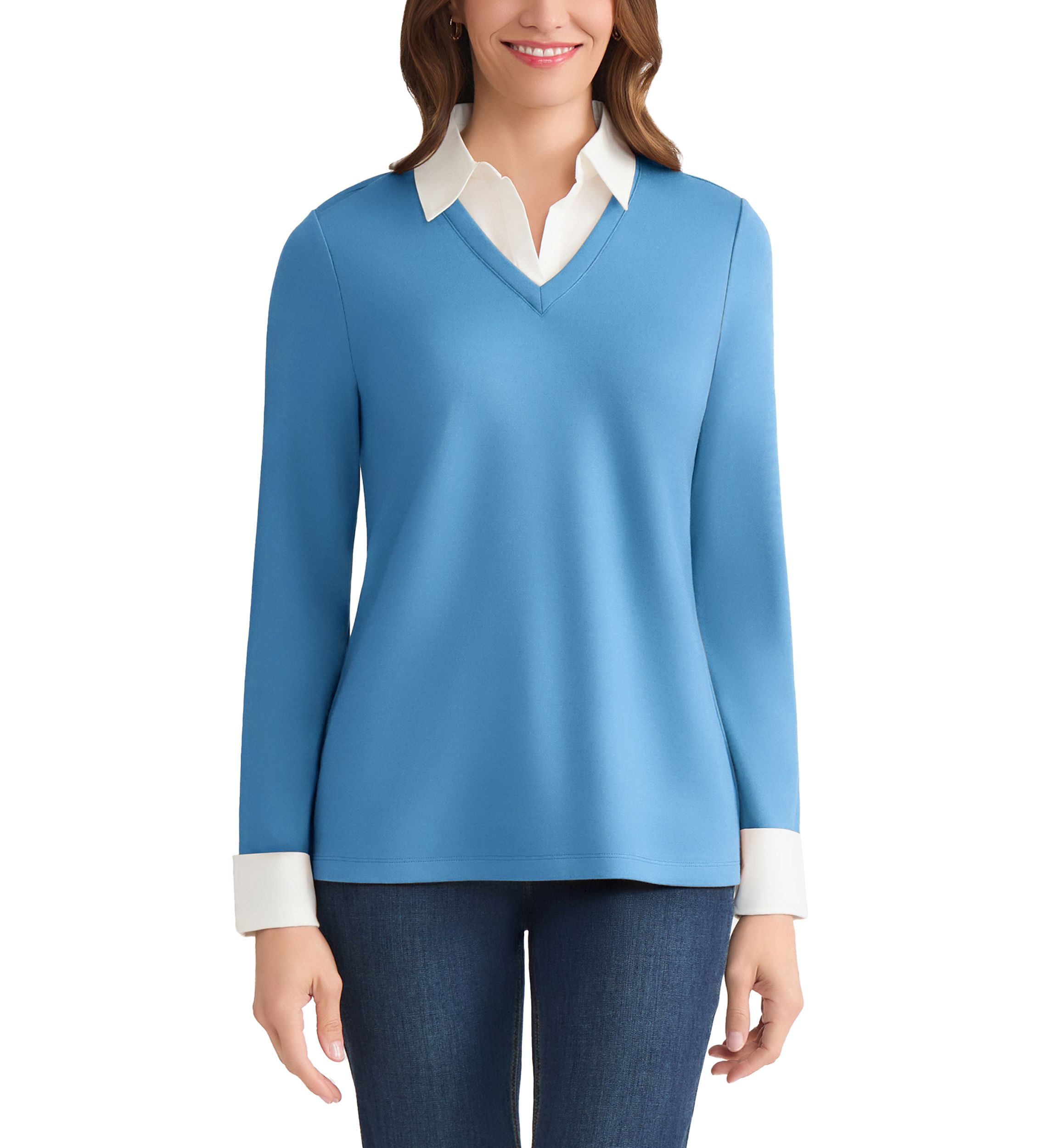 Womens Long Sleeve Serenity V-Neck Knit & Poplin Combo