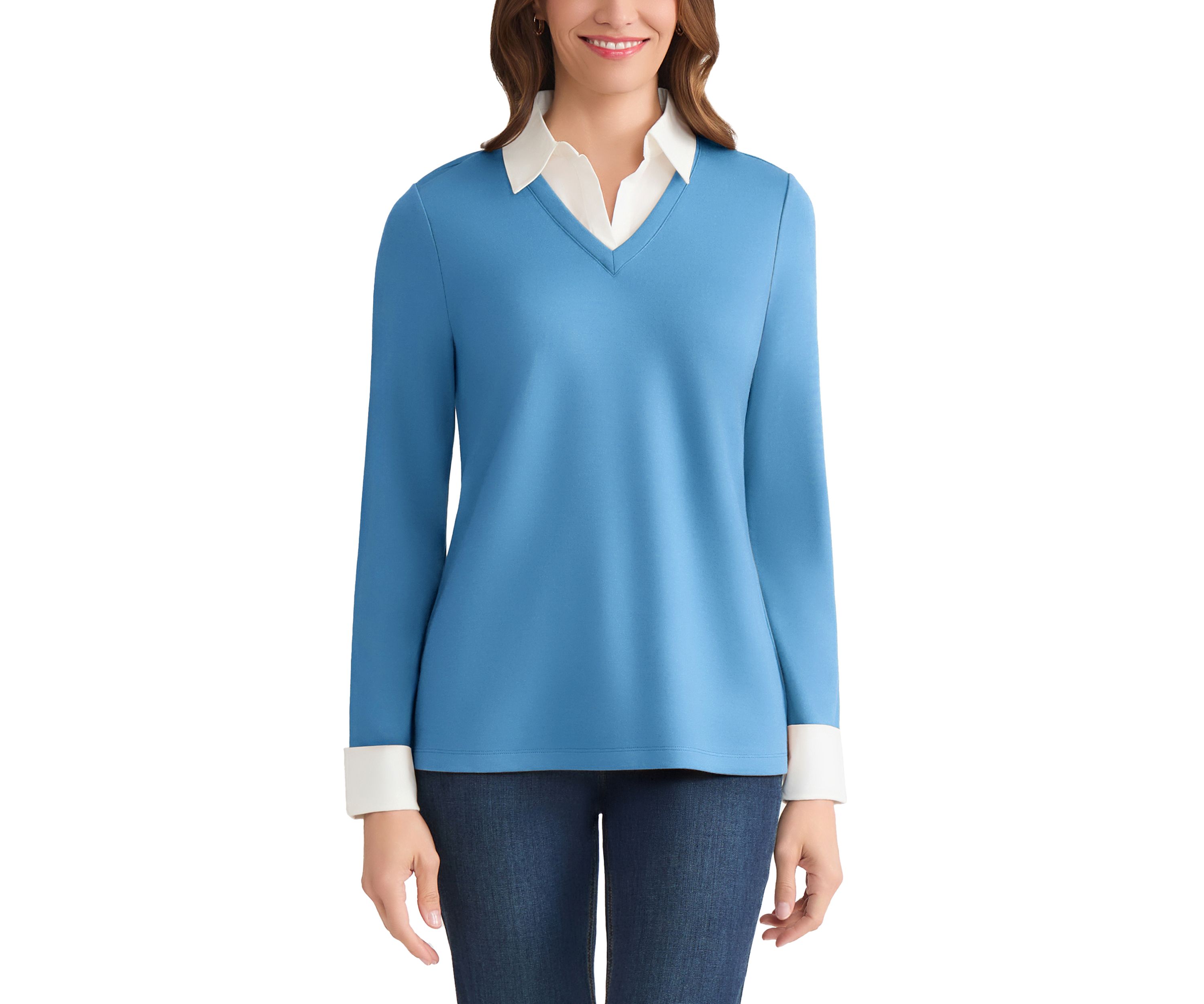 Womens Long Sleeve Serenity V-Neck Knit & Poplin Combo