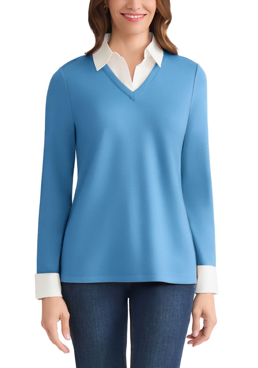 Womens Long Sleeve Serenity V-Neck Knit & Poplin Combo