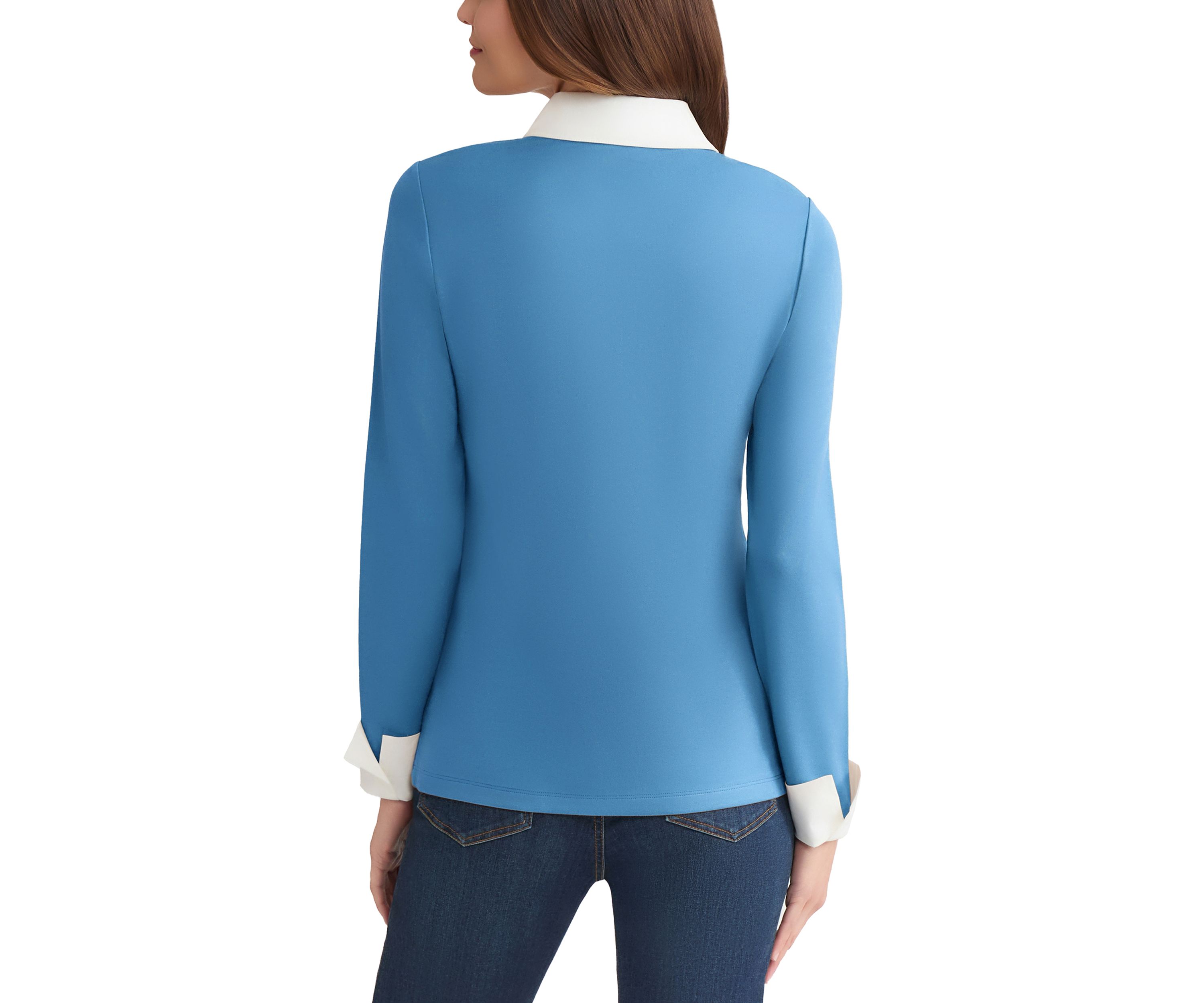 Womens Long Sleeve Serenity V-Neck Knit & Poplin Combo