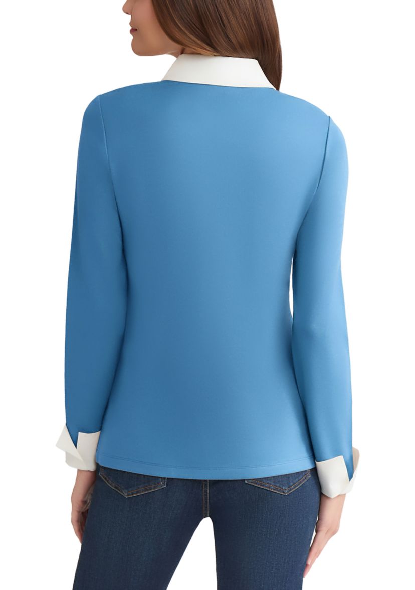 Womens Long Sleeve Serenity V-Neck Knit & Poplin Combo
