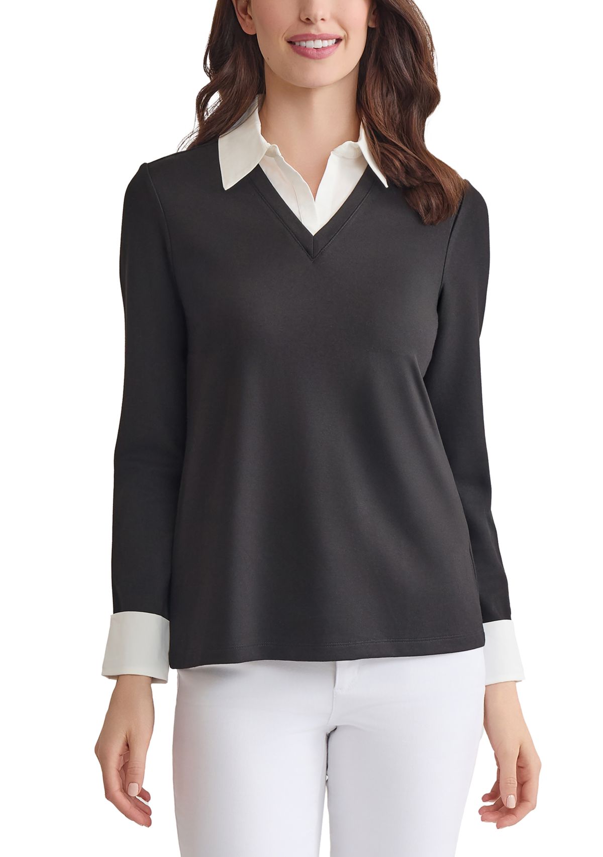 Petite Serenity with Cotton Poplin Long Sleeve V-Neck 2fer Top