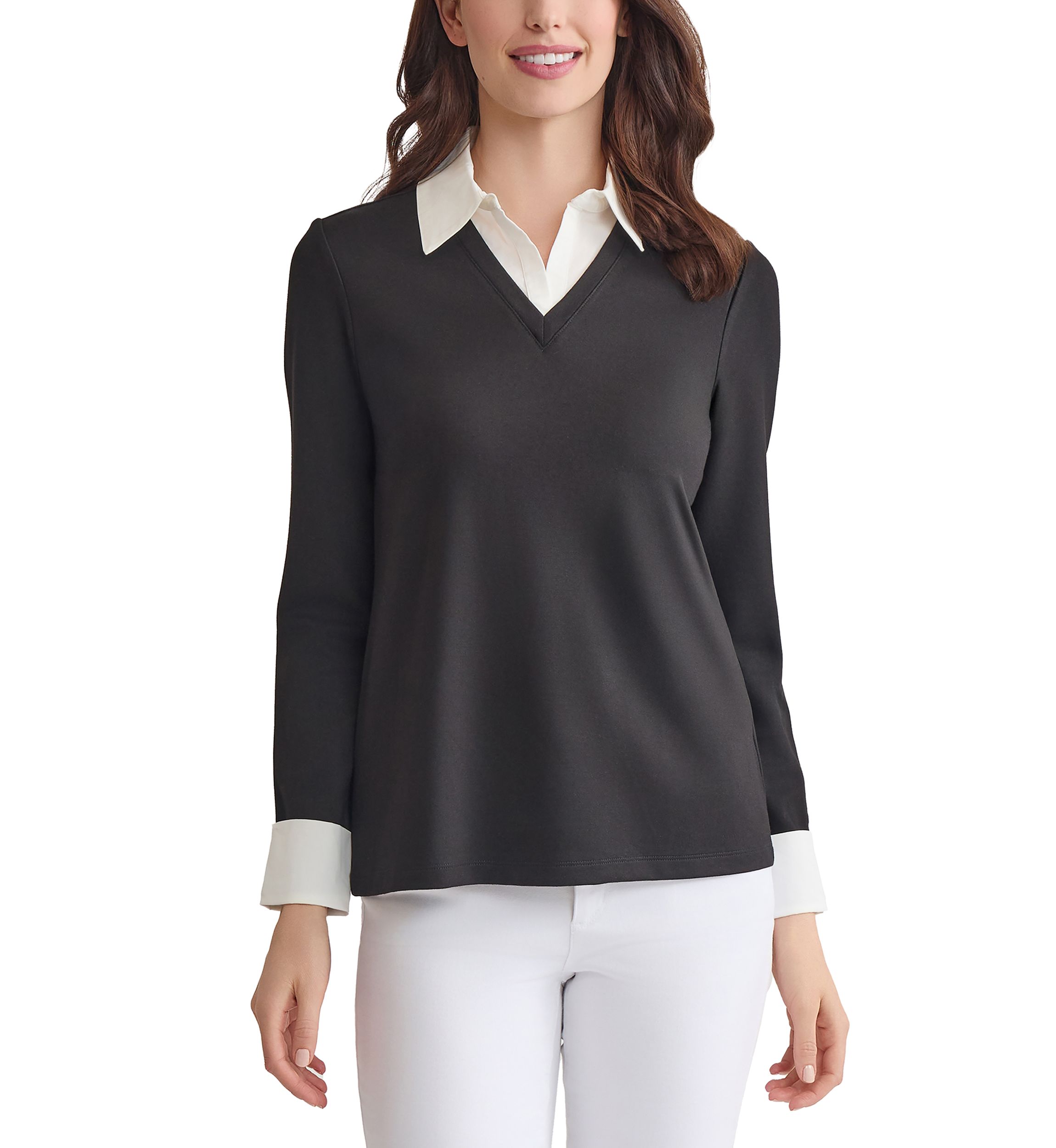 Petite Serenity with Cotton Poplin Long Sleeve V-Neck 2fer Top