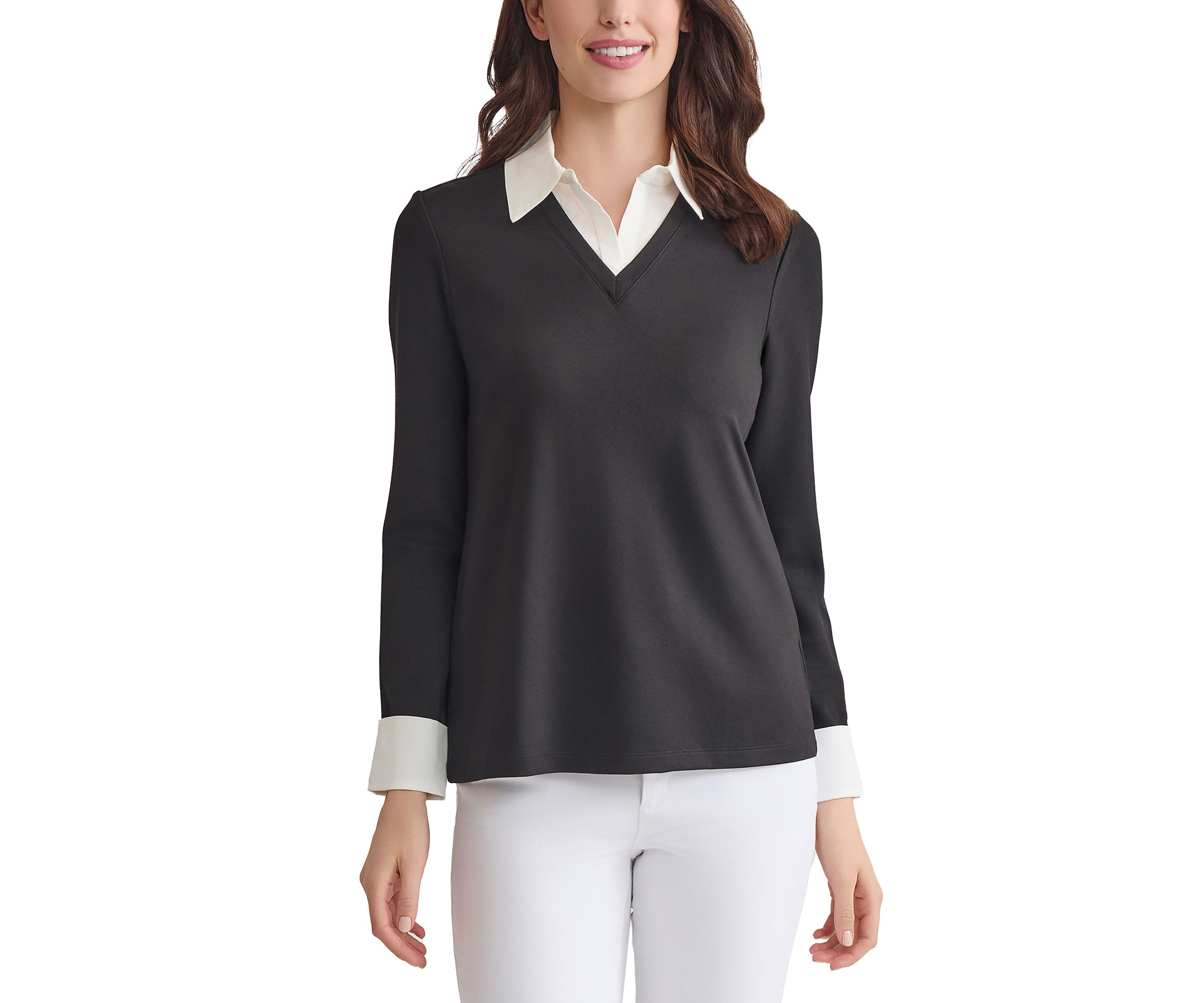 Petite Serenity with Cotton Poplin Long Sleeve V-Neck 2fer Top