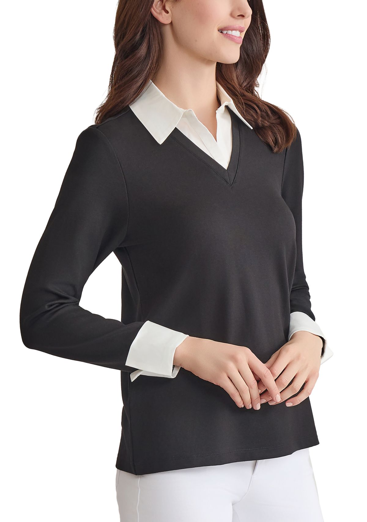 Petite Serenity with Cotton Poplin Long Sleeve V-Neck 2fer Top