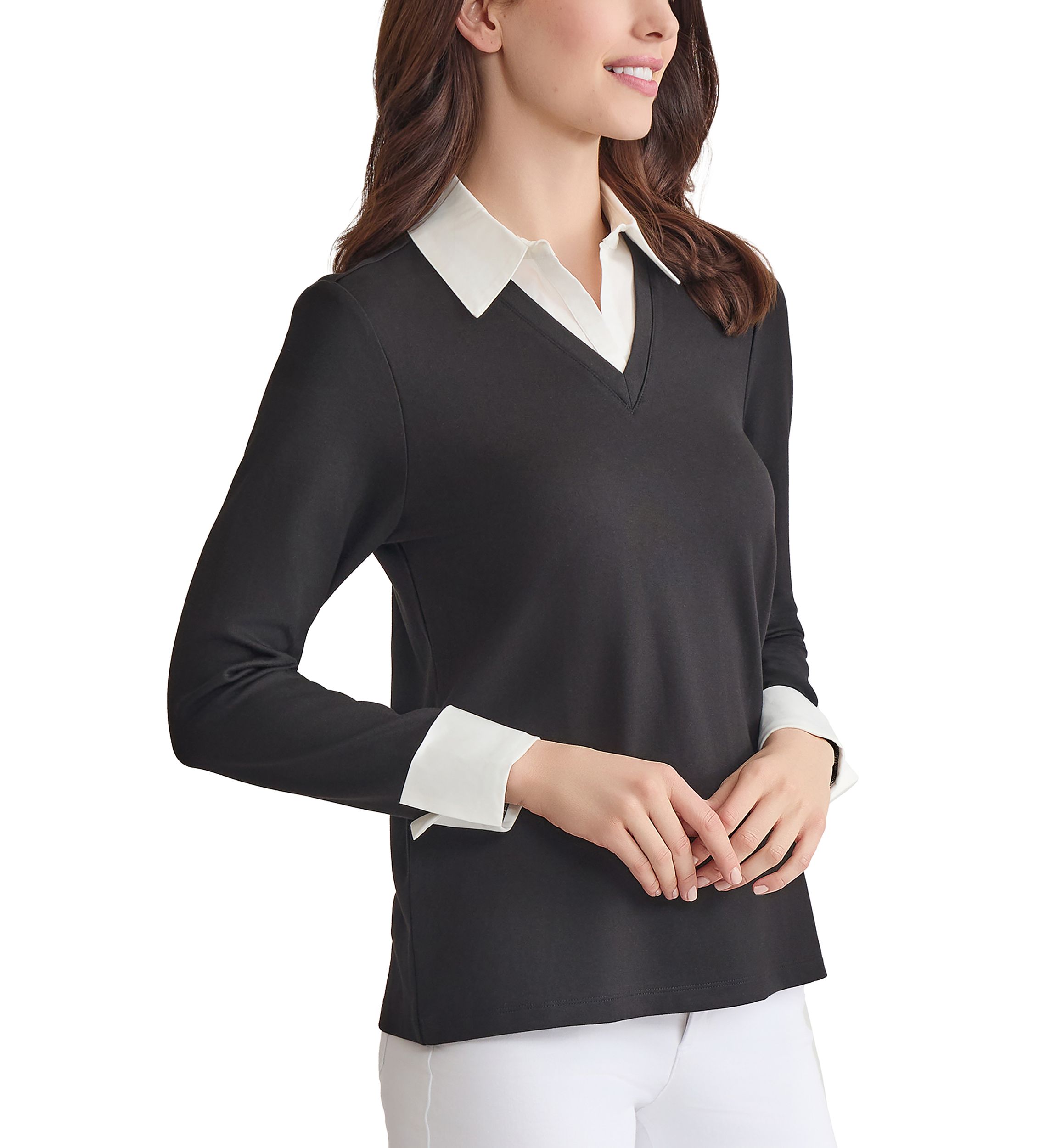 Petite Serenity with Cotton Poplin Long Sleeve V-Neck 2fer Top