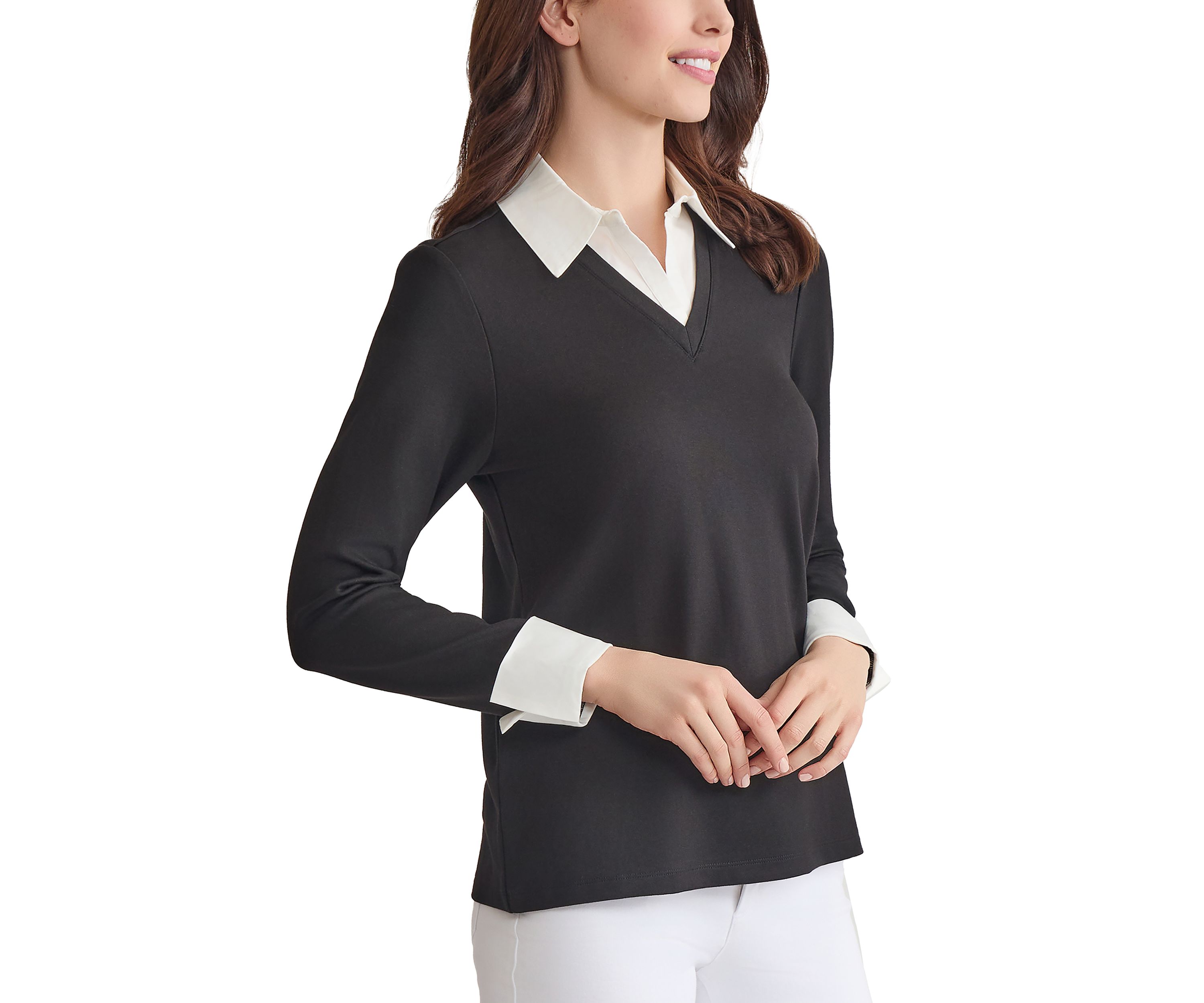 Petite Serenity with Cotton Poplin Long Sleeve V-Neck 2fer Top