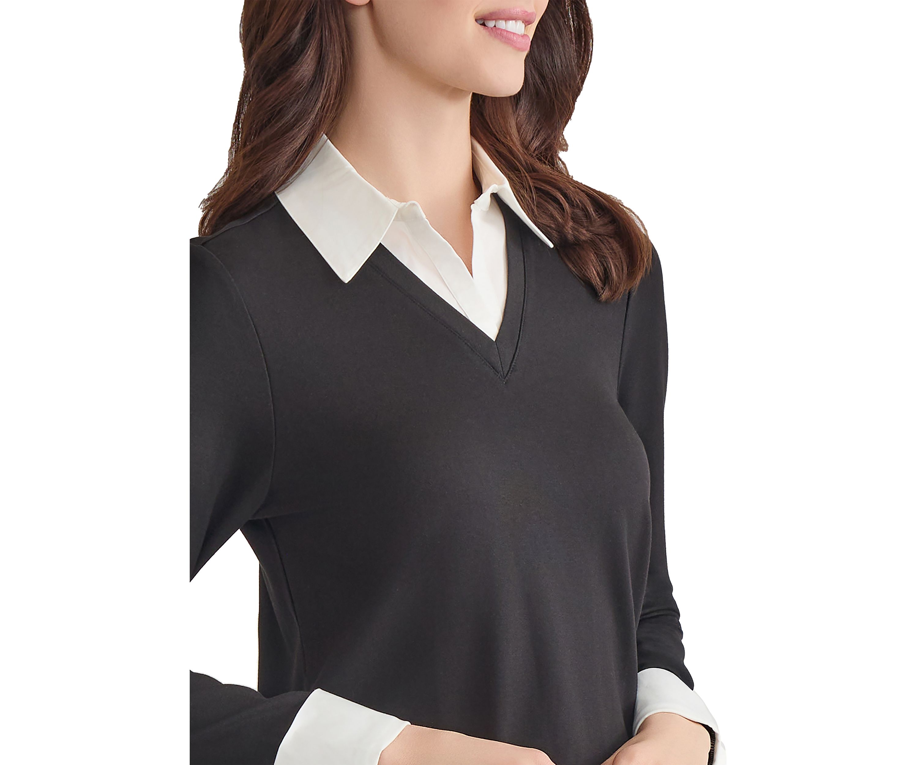 Petite Serenity with Cotton Poplin Long Sleeve V-Neck 2fer Top