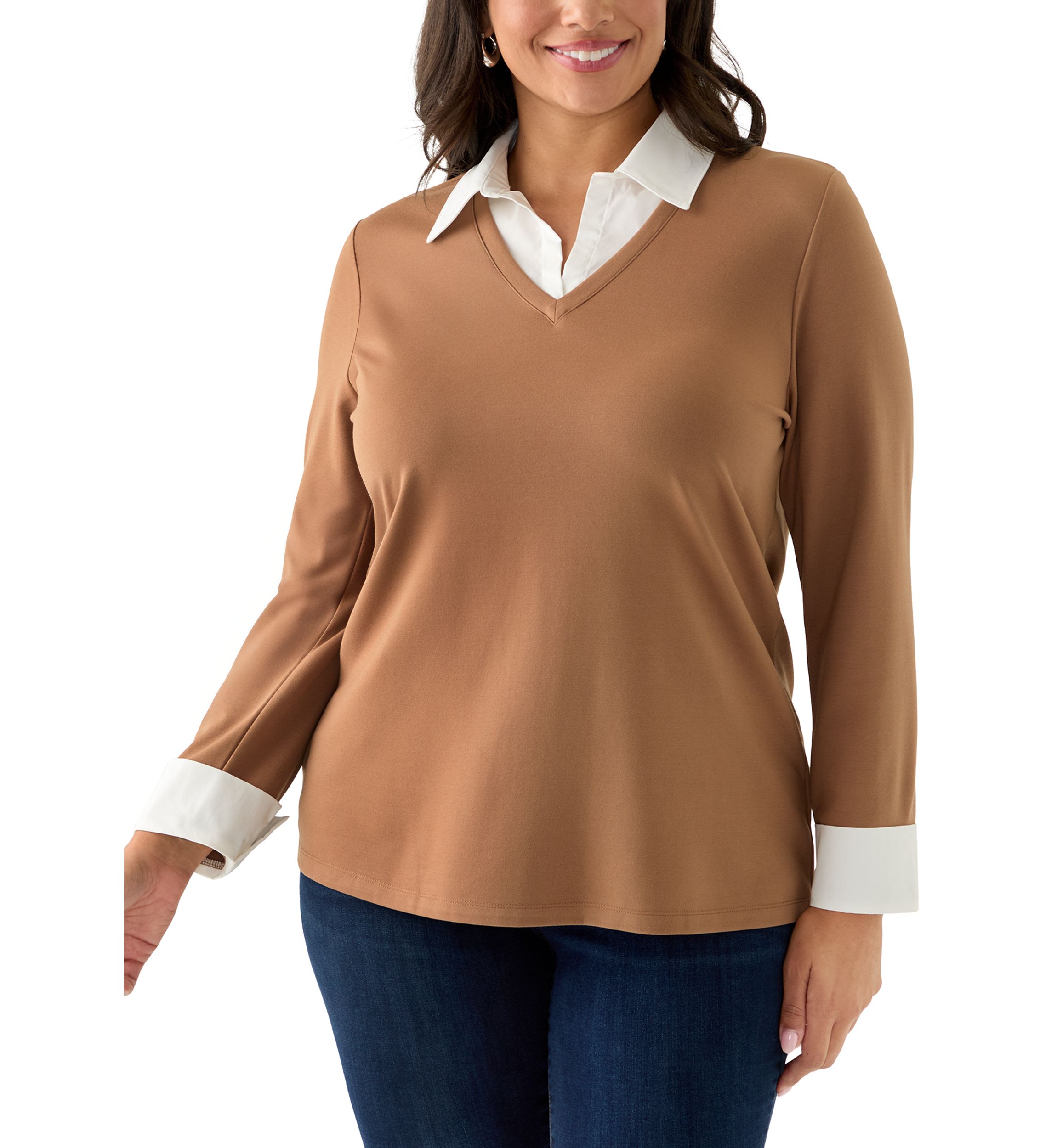 Plus Size Long Sleeve V-Neck Twofer Top
