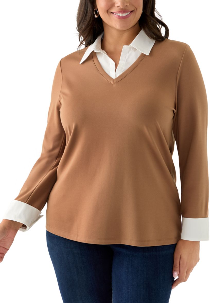 Plus Size Long Sleeve V-Neck Twofer Top