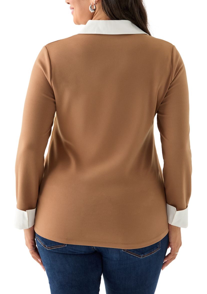 Plus Size Long Sleeve V-Neck Twofer Top