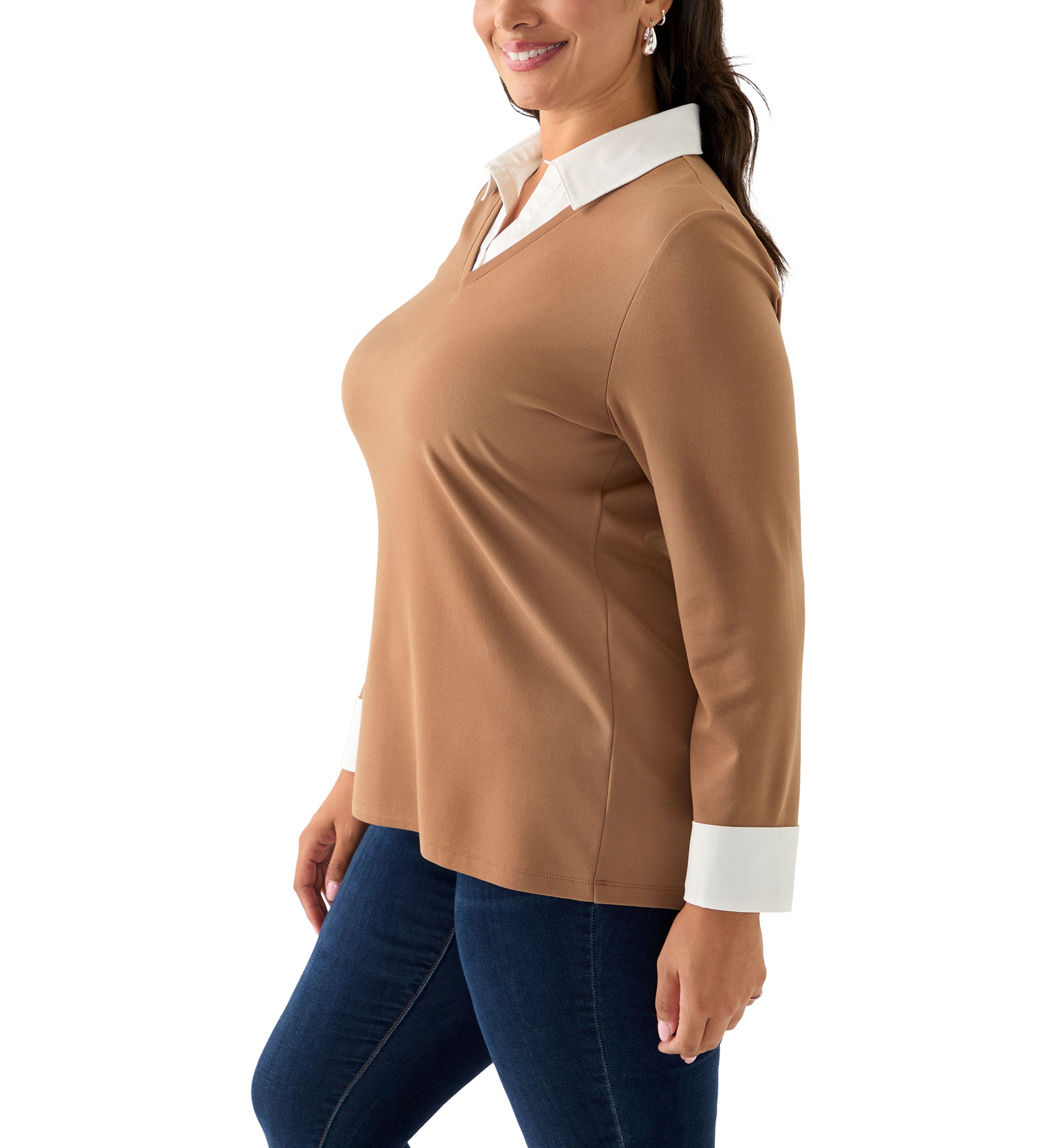 Plus Size Long Sleeve V-Neck Twofer Top