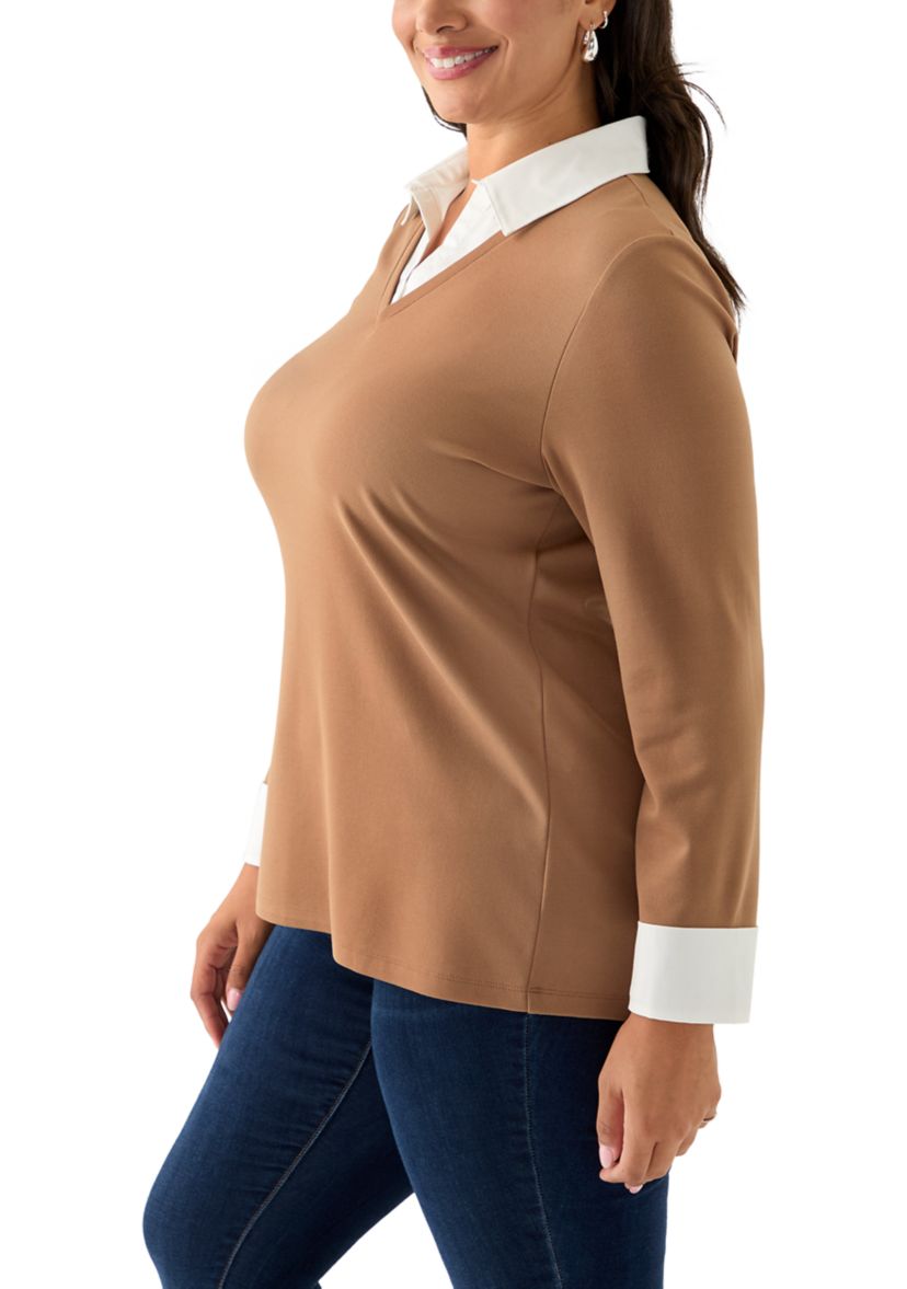 Plus Size Long Sleeve V-Neck Twofer Top